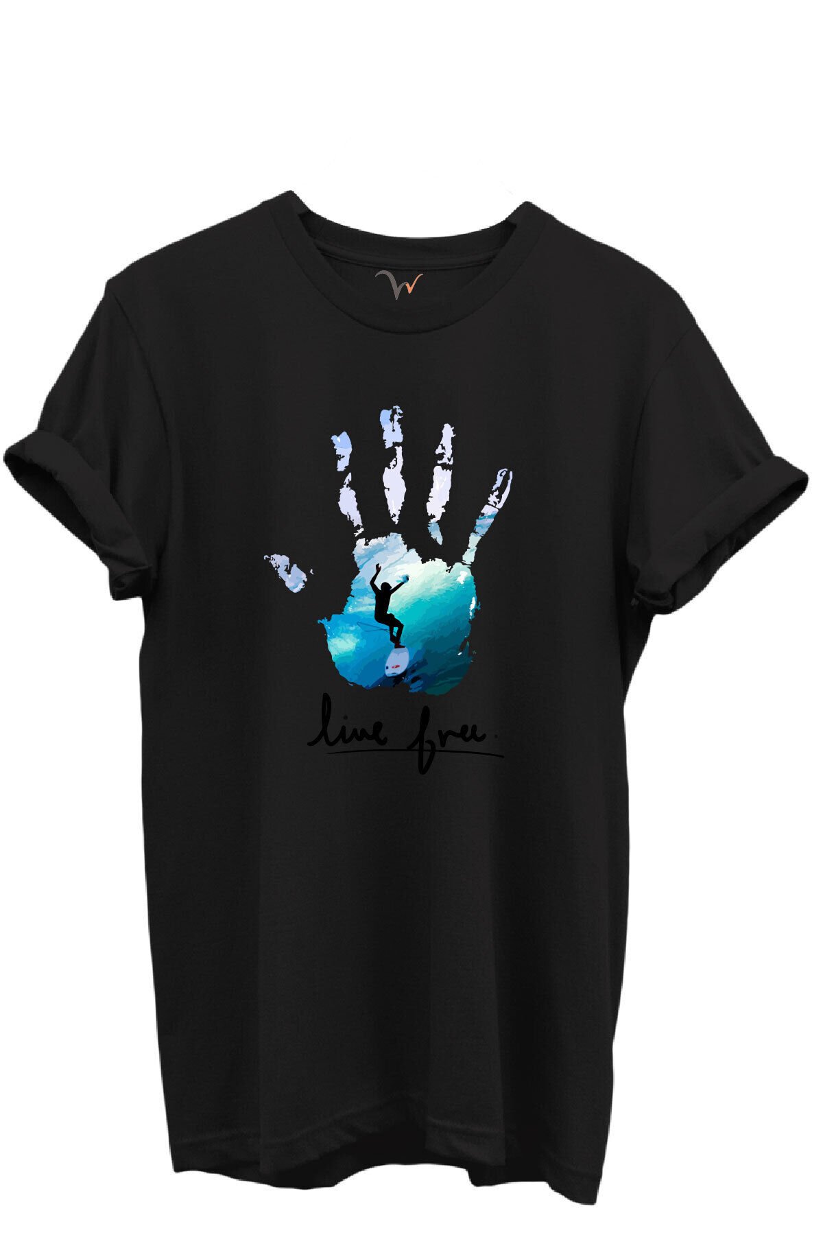 Live Free Yazılı Sörfçü ve El Baskılı %100 Pamuk Regular Fit Unisex T-Shirt Siyah - 5XL