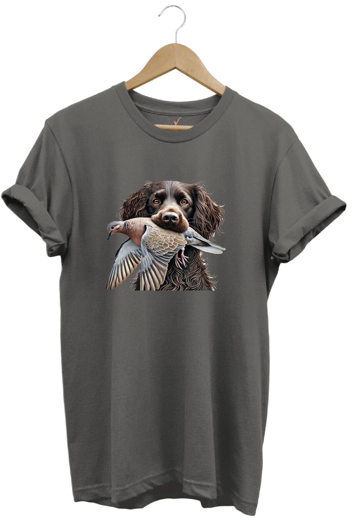 Avcılık Hunter Üveyik Kuşu ve Avcı Boykin Köpeği Tasarım Baskılı %100 Pamuk Regular Fit T-shirt Gri - L