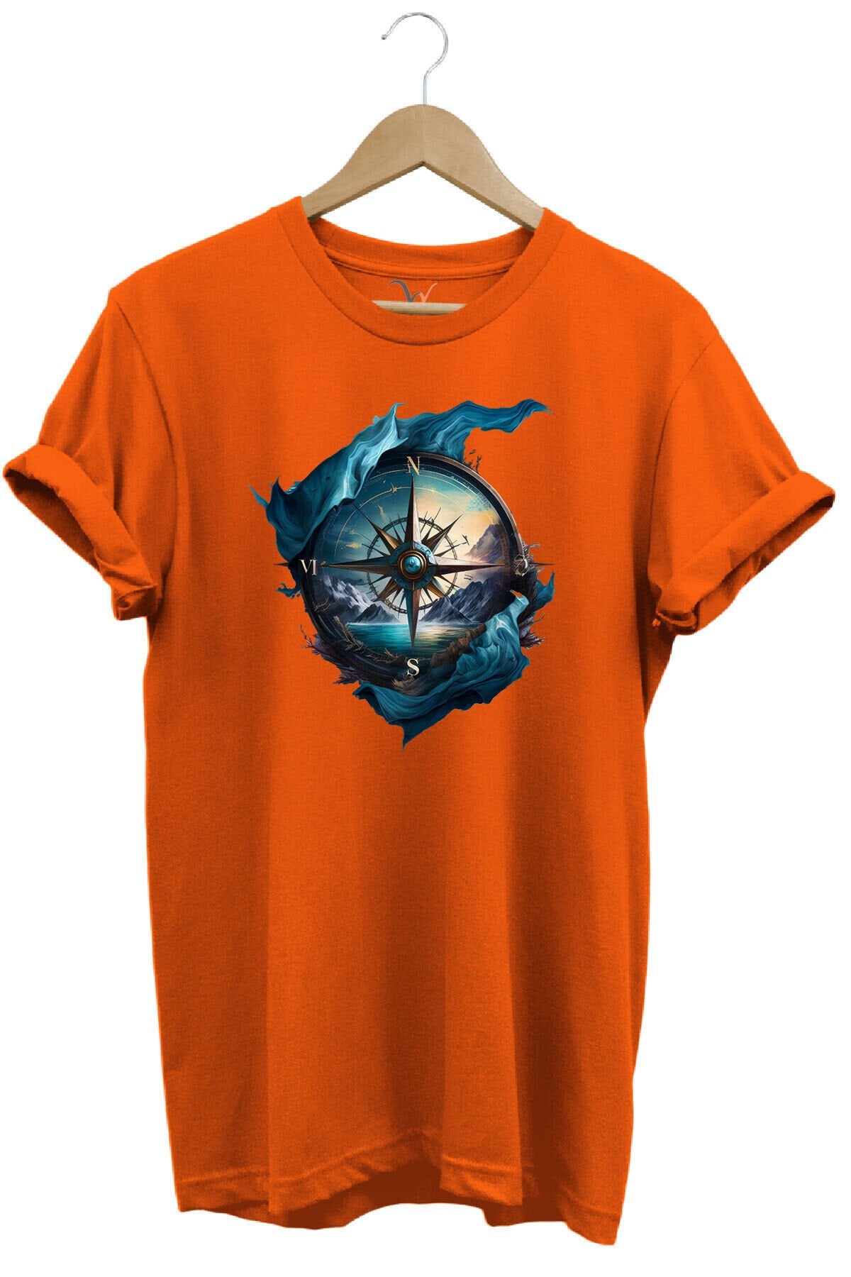 Renkli Manzara Ve Pusula Baskılı %100 Pamuk Regular Fit Lacivert T-shirt Turuncu - XL