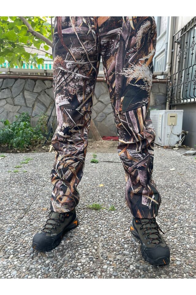 Outdoor Avcılık Kamuflaj Saz Desenli Softshel Kar Su Rüzgar Geçirmez Pantolon Kahverengi - 5XL