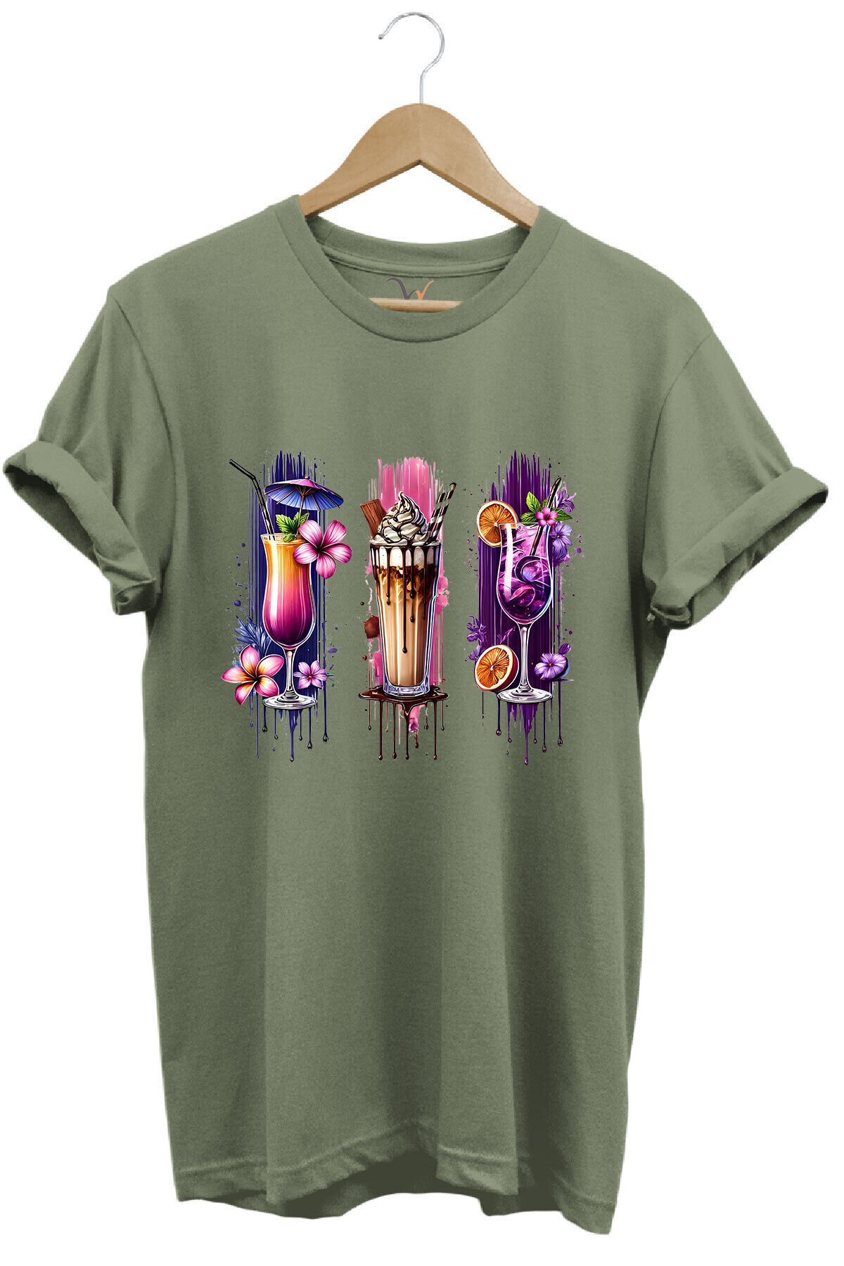Milkshake ve Kokteyl Temalı Renkli Yaz Baskılı %100 Pamuk Unisex Regular Fit T-Shirt Haki - 2XL