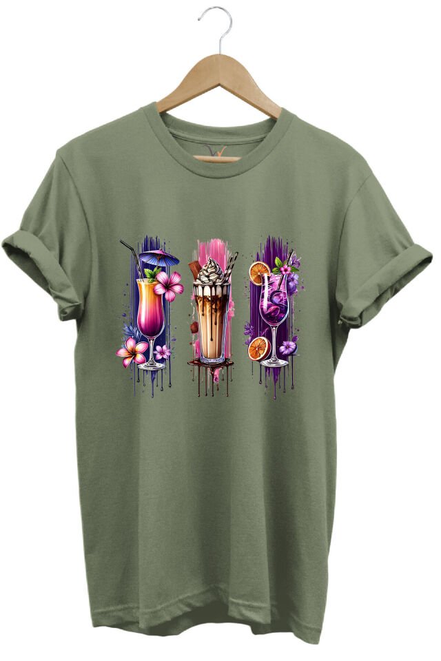 Milkshake ve Kokteyl Temalı Renkli Yaz Baskılı %100 Pamuk Unisex Regular Fit T-Shirt Haki - 2XL