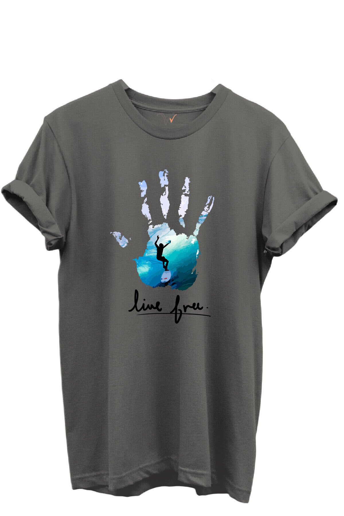 Live Free Yazılı Sörfçü ve El Baskılı %100 Pamuk Regular Fit Unisex T-Shirt Gri - 2XL