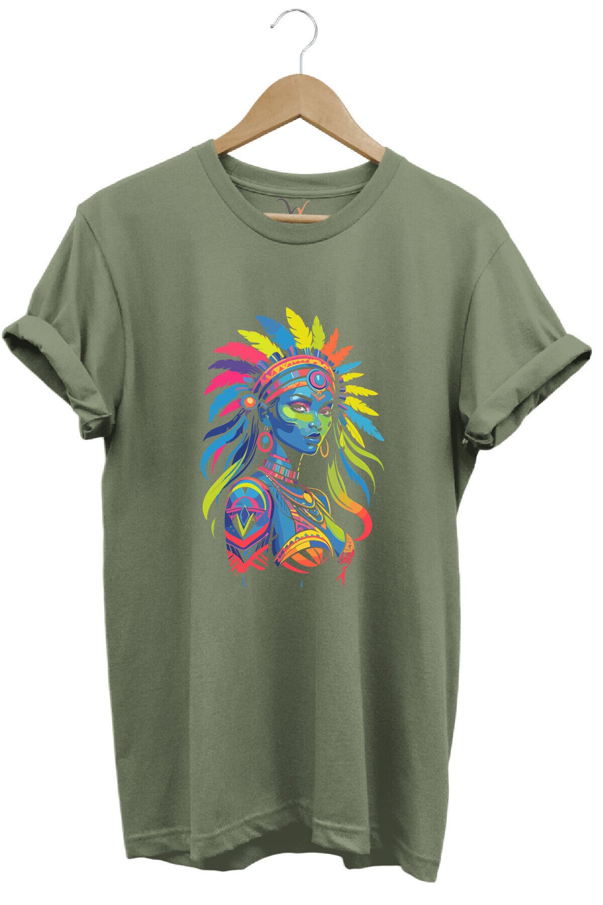 Renkli Kızılderili Baskılı %100 Pamuk Regular Fit Bisiklet Yaka Turuncu T-shirt Haki - S