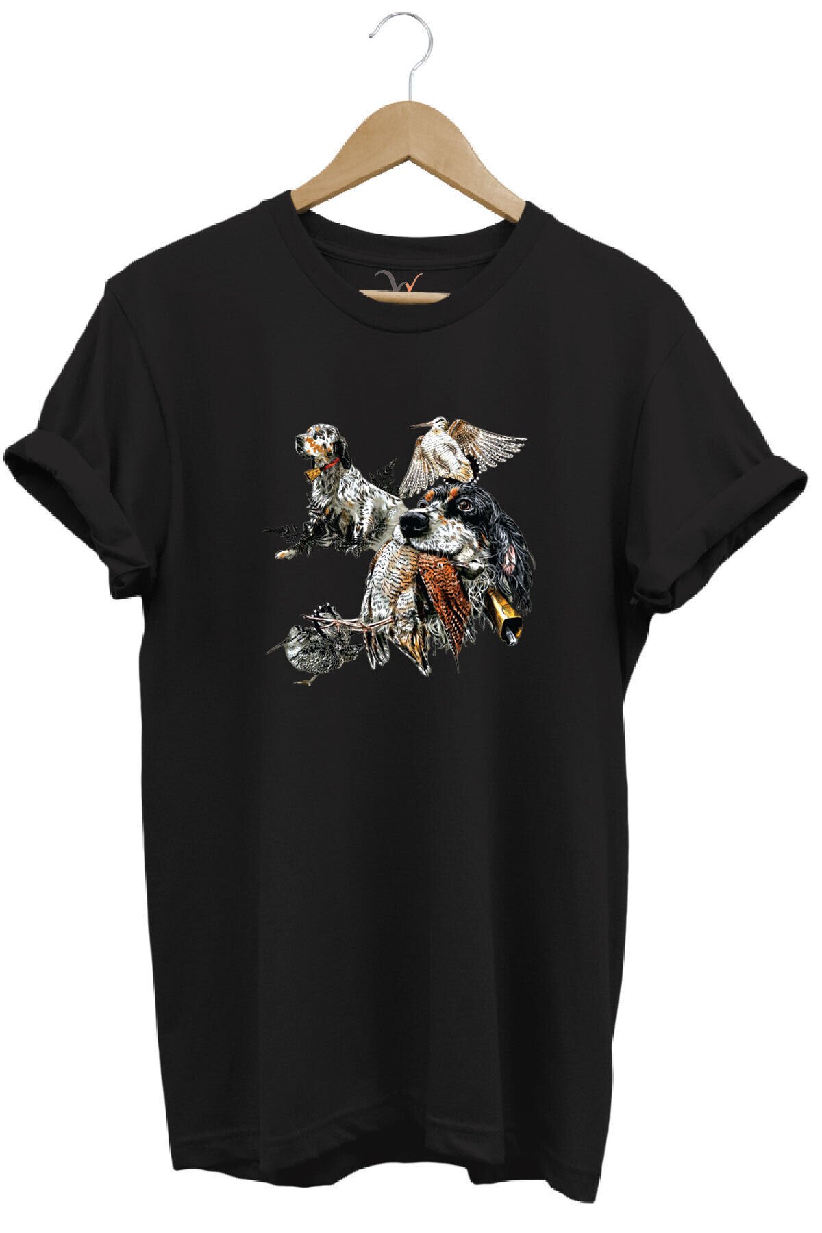Hunting Outdoor English Setter Çulluk Baskılı %100 Pamuk Regular Fit Bisiklet Yaka T-shirt Siyah - 2XL