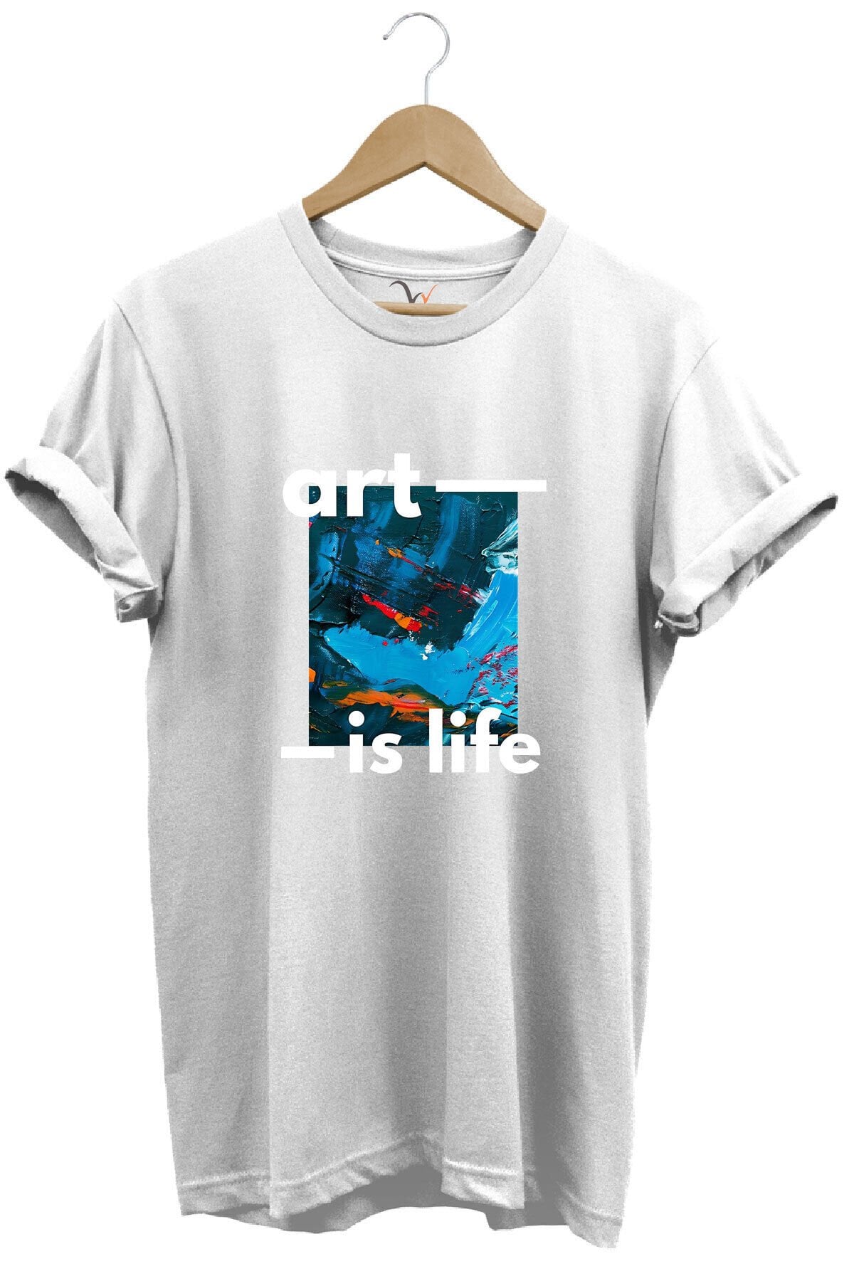 Sanatsal Renkli Tasarım Baskılı Art is Life Yazılı %100 Pamuk Regular Fit Unisex T-Shirt Beyaz - 2XL