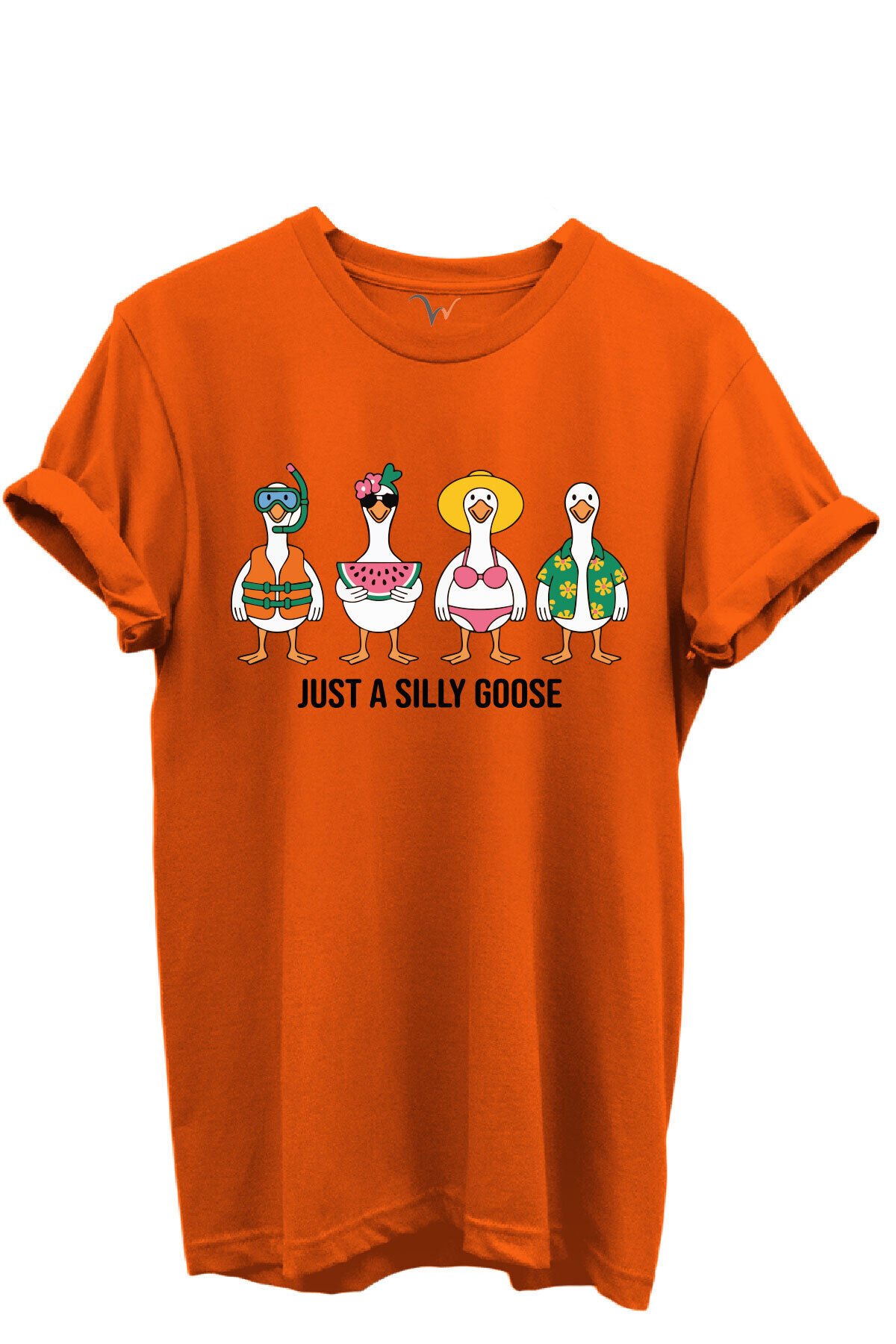 Just a Silly Goose Yazılı Eğlenceli Kaz Karakterleri Baskılı %100 Pamuk Regular Fit Unisex T-Shirt Turuncu - L
