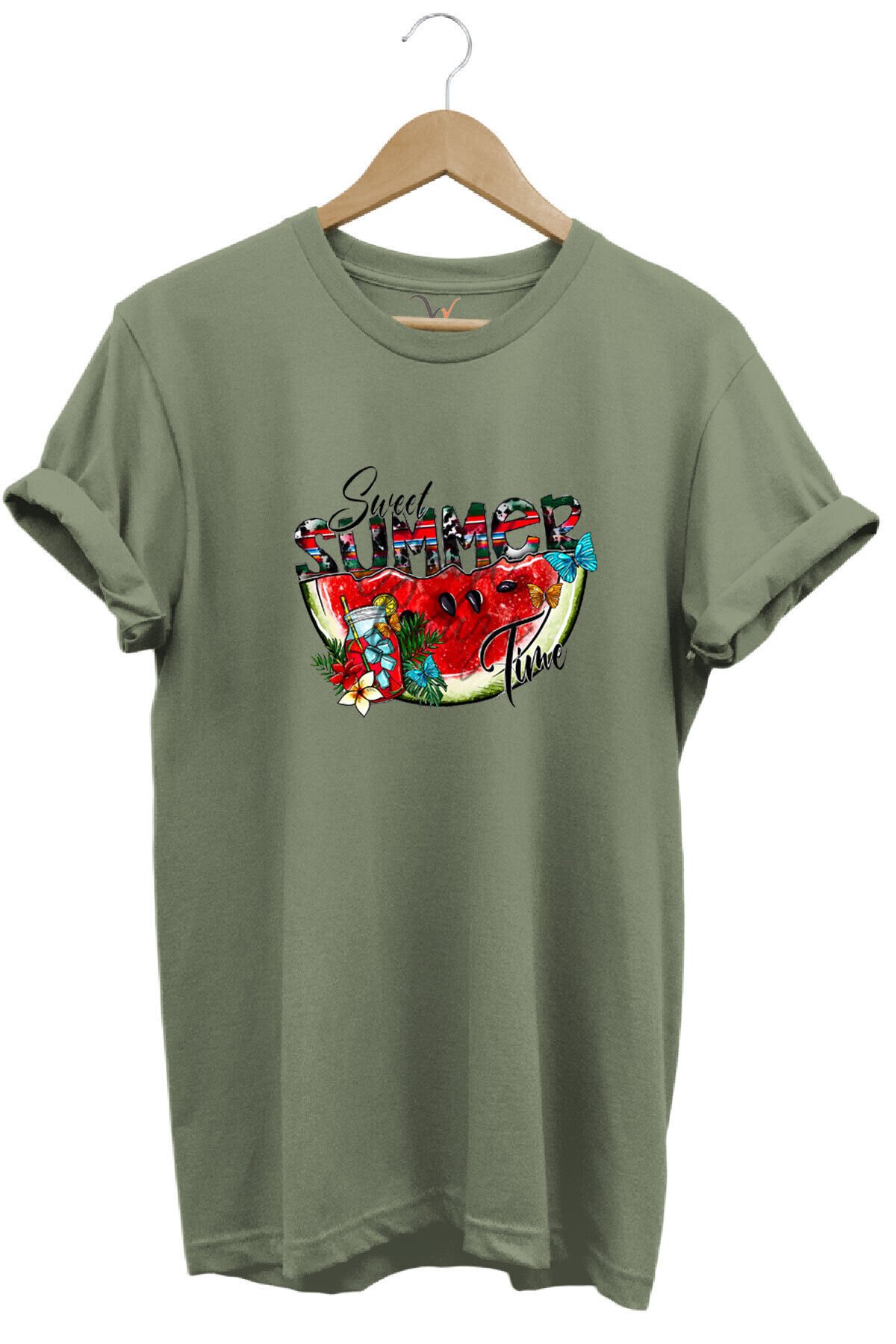 Summer Yazlık Karpuz Tasarım Baskılı %100 Pamuk Regular Fit Kahverengi T-shirt Haki - 3XL