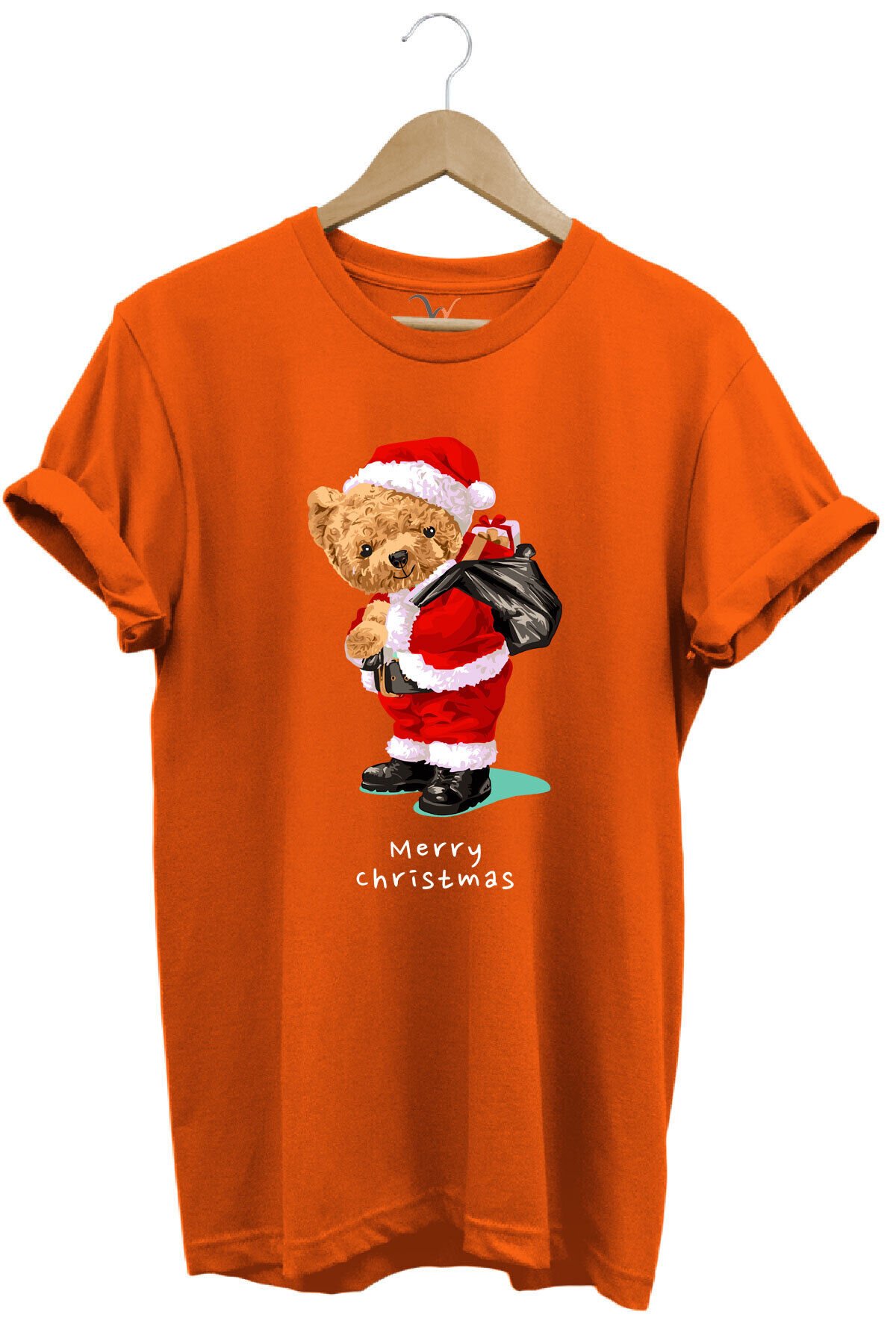 Yılbaşı Yeni Yıl Merry Christmas Sevimli Ayıcık Baskılı %100 Pamuk Regular Fit T-shirt Turuncu - 2XL