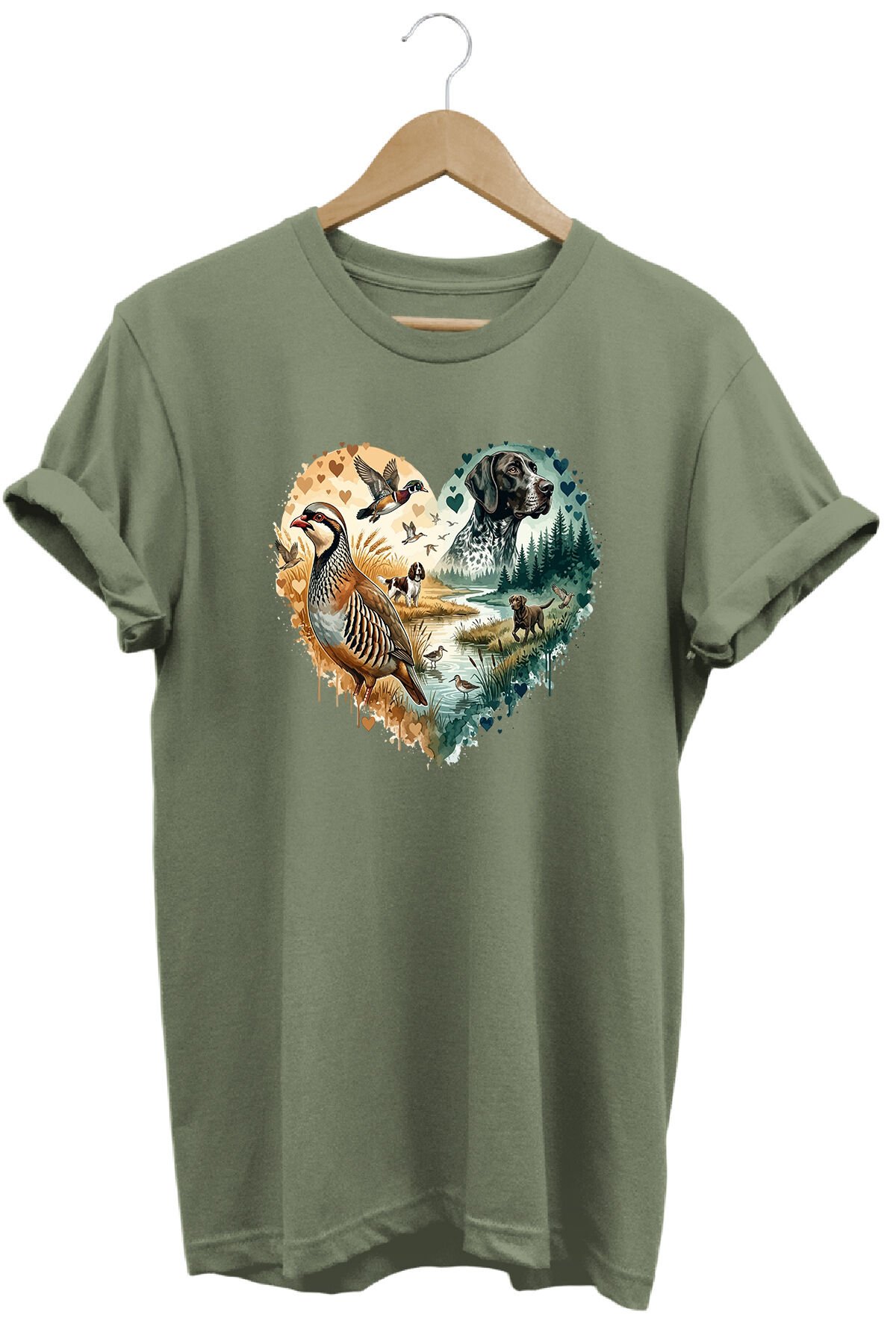 Unisex Çulluk ve Arazi Köpeği Baskılı Doğa Tişörtü Outdoor Kamp Giyimi Haki - L