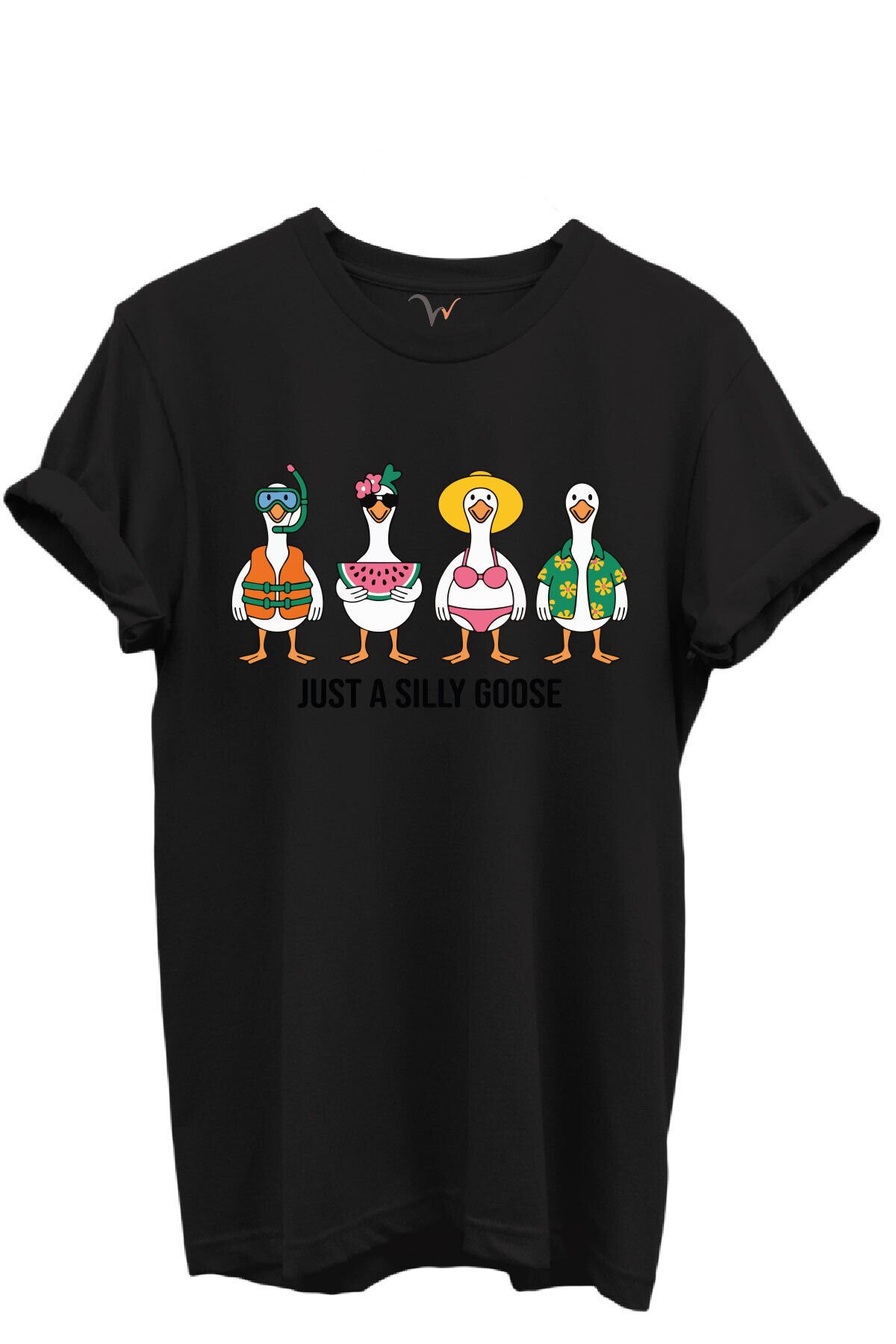 Just a Silly Goose Yazılı Eğlenceli Kaz Karakterleri Baskılı %100 Pamuk Regular Fit Unisex T-Shirt Siyah - 4XL