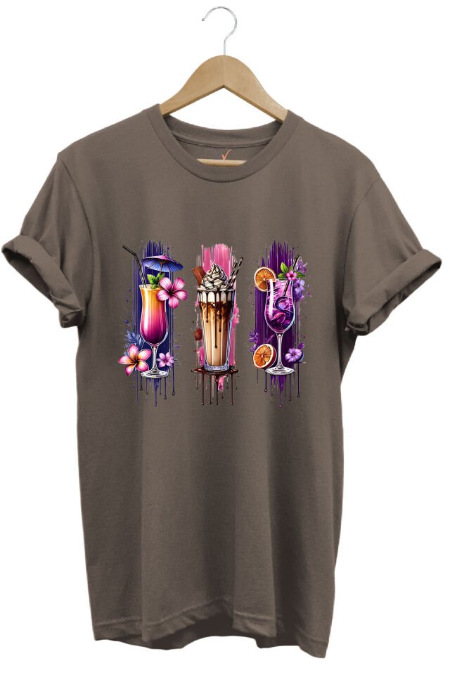 Milkshake ve Kokteyl Temalı Renkli Yaz Baskılı %100 Pamuk Unisex Regular Fit T-Shirt Kahverengi - XL