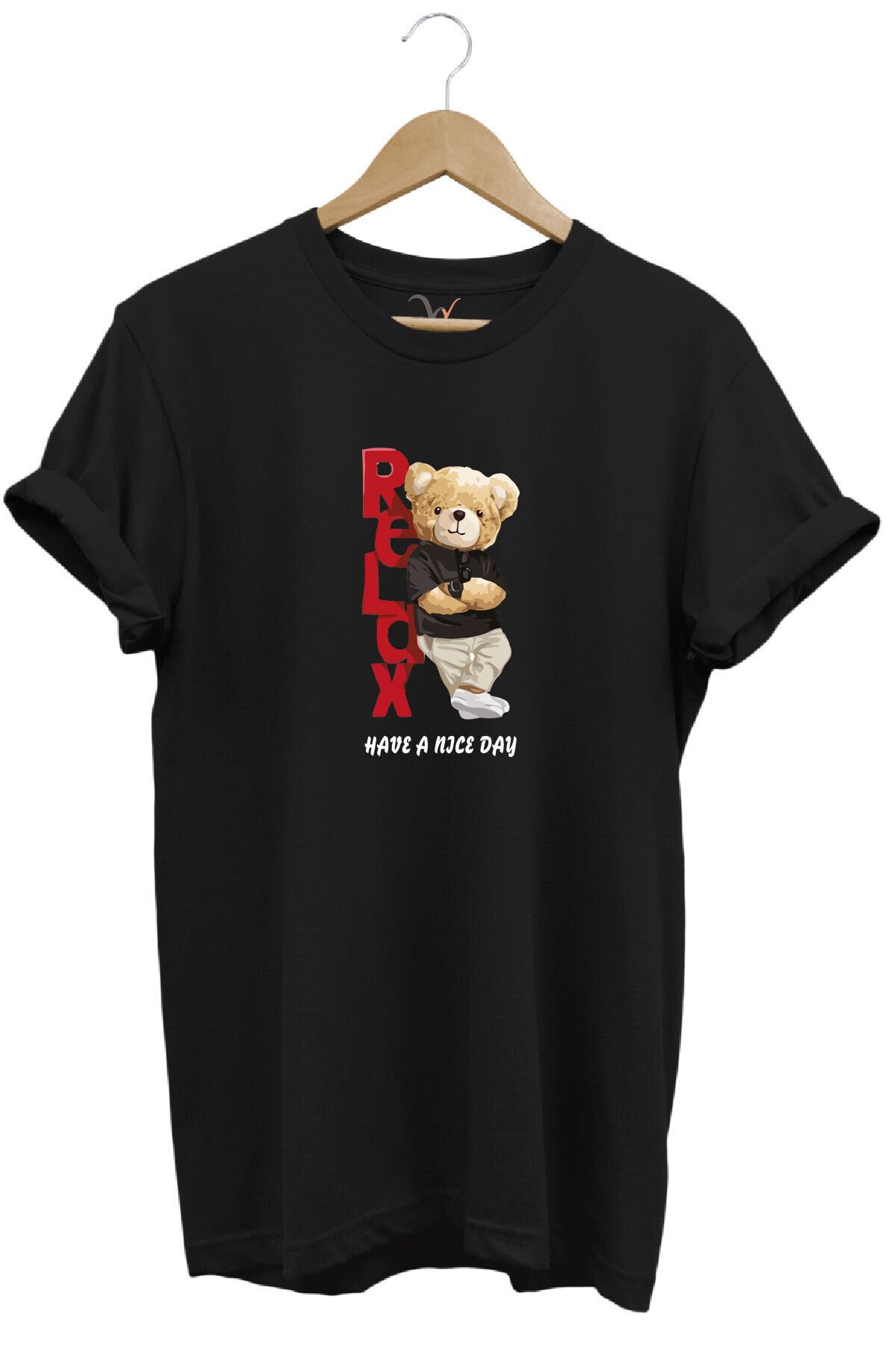 Sevimli Ayıcık Relax Ayı Tasarım Şık Baskılı %100 Pamuk Regular Fit Bisiklet Yaka Beyaz T-shirt Siyah - XL