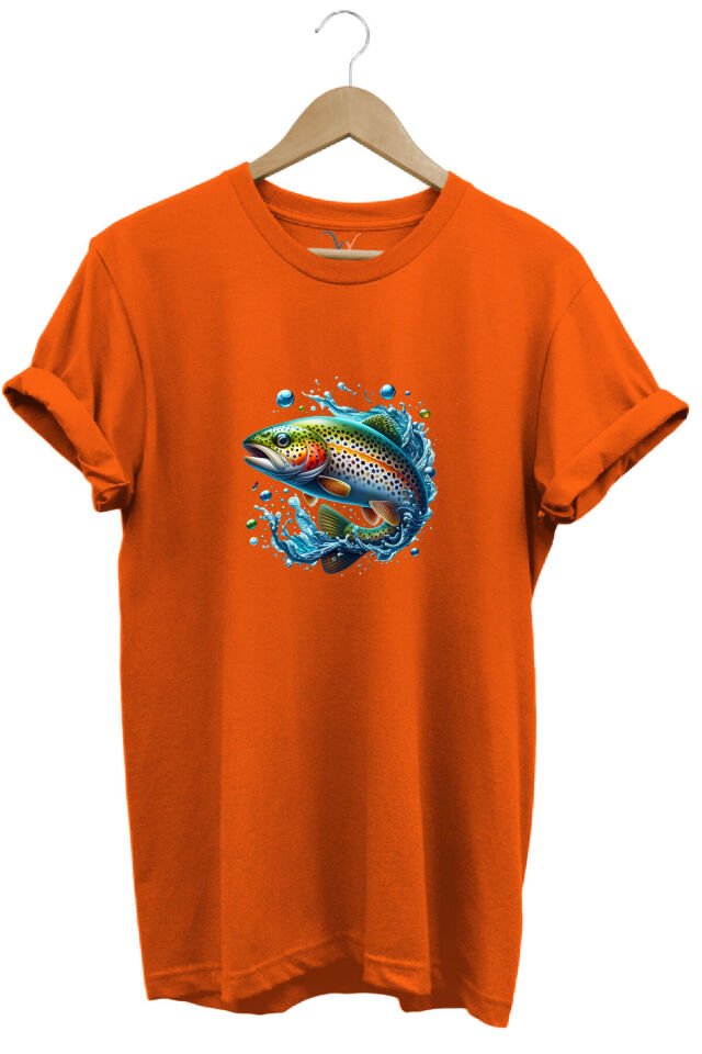 Fishing Avcılık Alabalık Balıkçılığı Baskılı %100 Pamuk Regular Fit Bisiklet Yaka Mavi T-shirt Turuncu - L