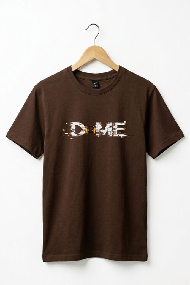Unisex Müzik Temalı DOME Yazılı Kulaklık Figürlü Glitch Tasarım Sokak Stili %100 Pamuk Basic T-Shirt Koyu Kahverengi - 3XL