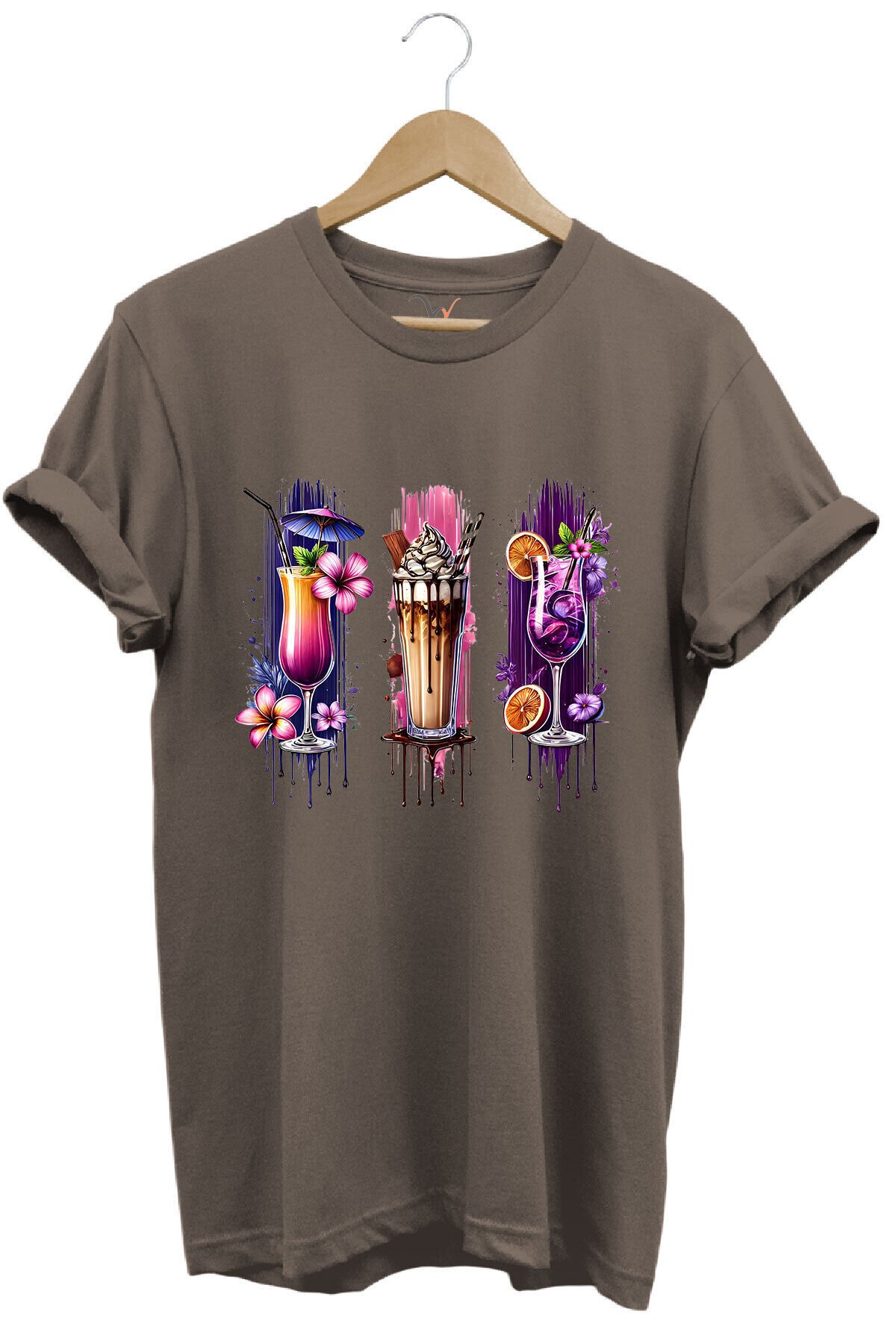 Milkshake ve Kokteyl Temalı Renkli Yaz Baskılı %100 Pamuk Unisex Regular Fit T-Shirt Kahverengi - M