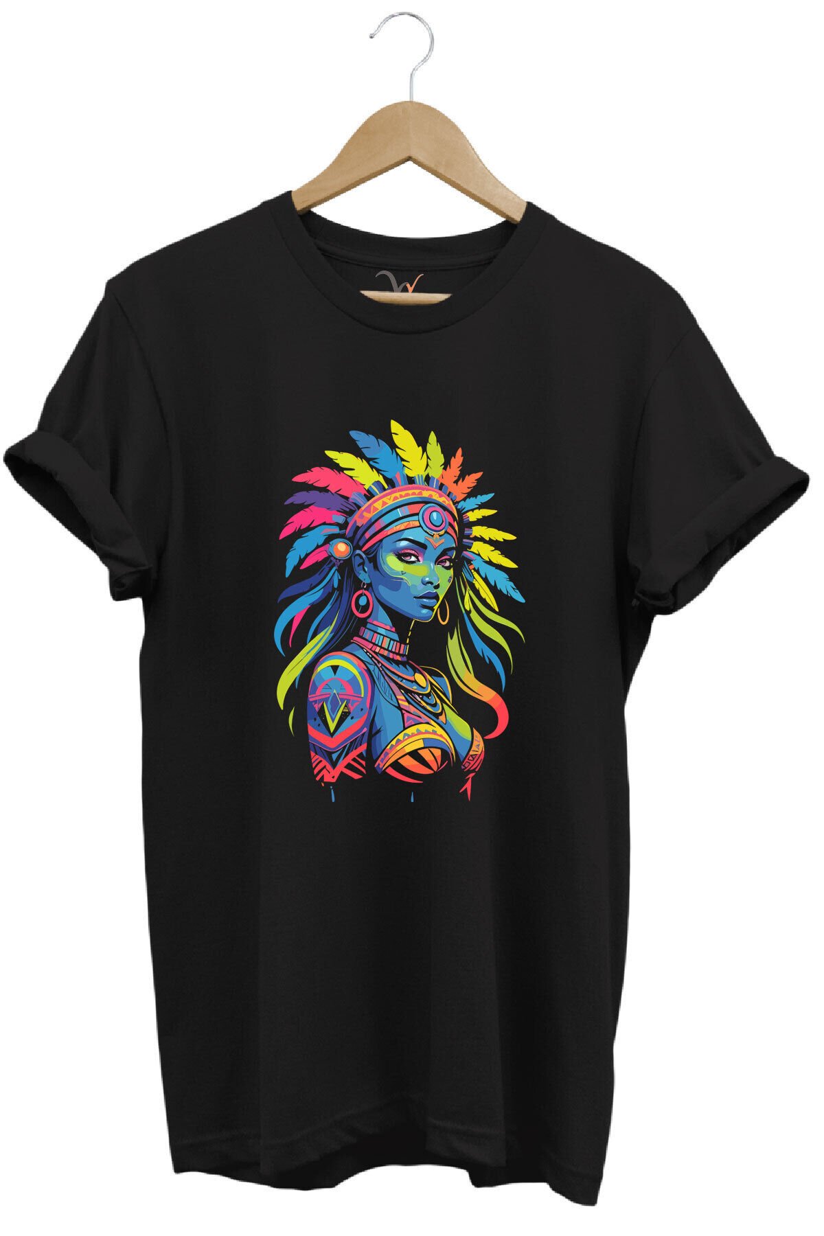 Renkli Kızılderili Baskılı %100 Pamuk Regular Fit Bisiklet Yaka Turuncu T-shirt Siyah - 4XL