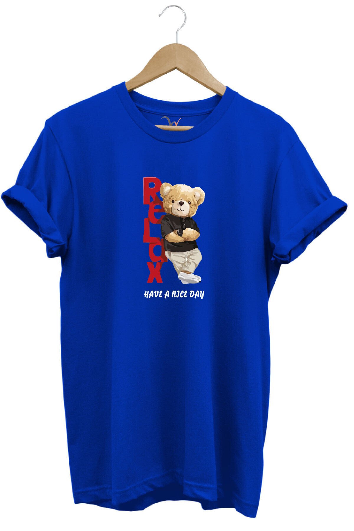 Sevimli Ayıcık Relax Ayı Tasarım Şık Baskılı %100 Pamuk Regular Fit Bisiklet Yaka Beyaz T-shirt Mavi - 2XL