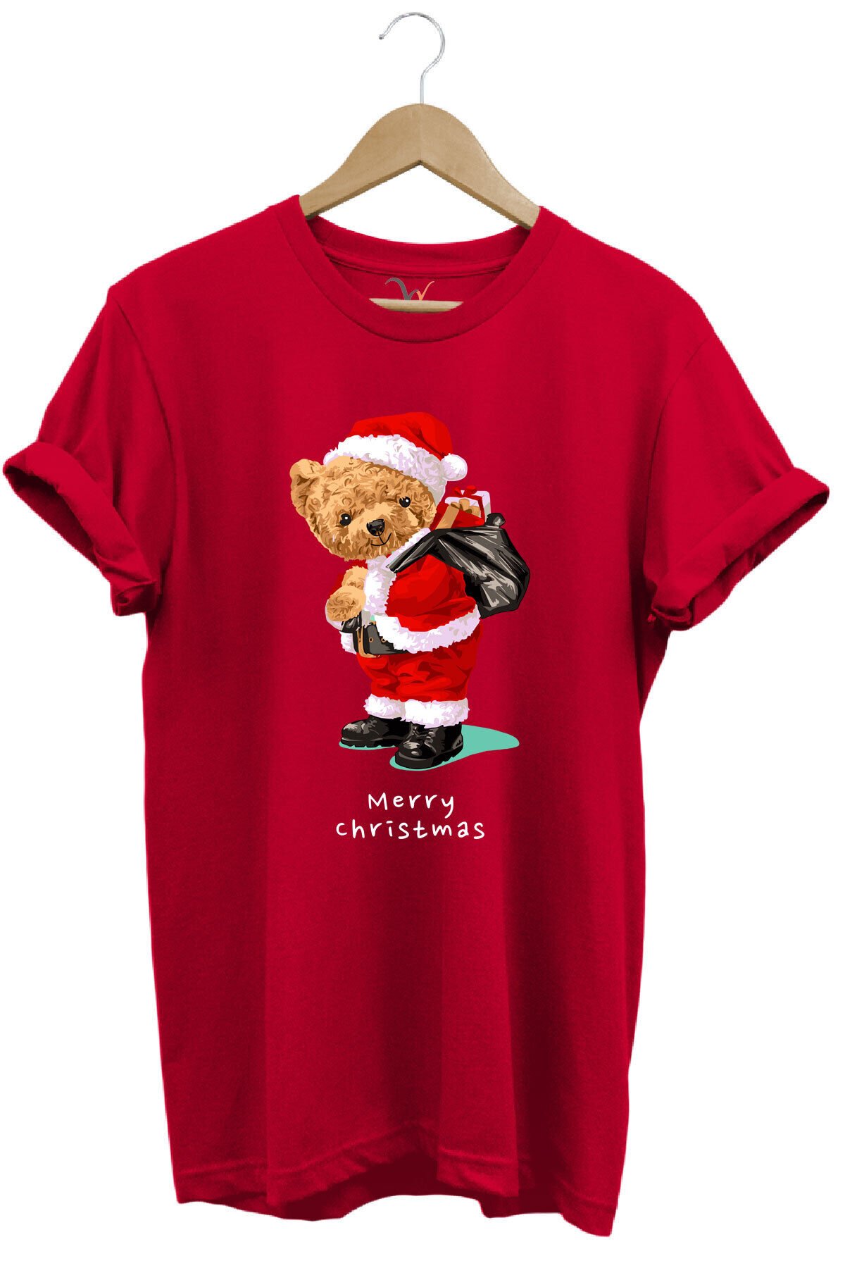 Yılbaşı Yeni Yıl Merry Christmas Sevimli Ayıcık Baskılı %100 Pamuk Regular Fit T-shirt Kırmızı - XL