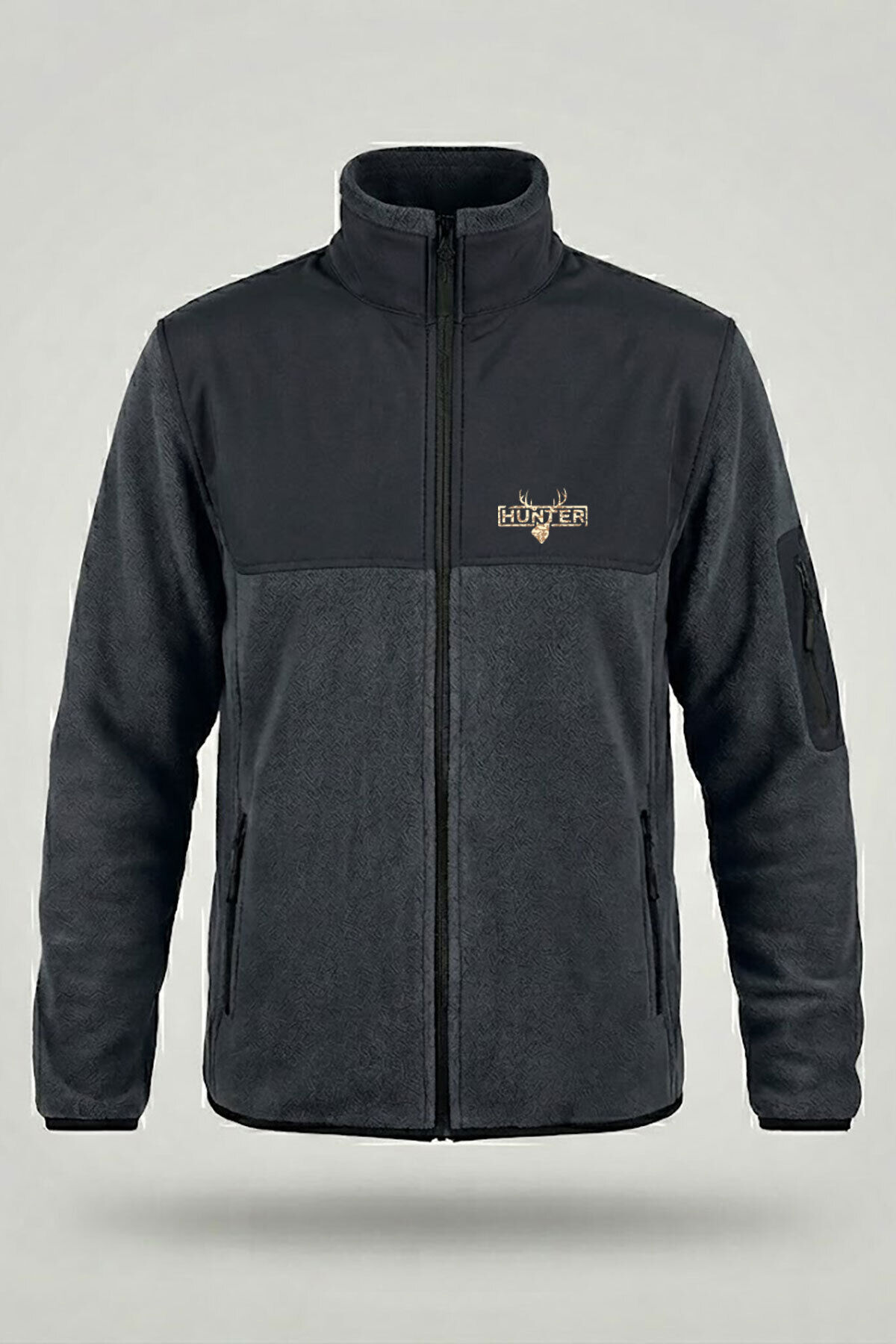 Avcılık Kamuflaf Desenli Hunter Yazı Baskılı Dik Yaka Garnili Softshell Polar Ceket Gri - 3XL