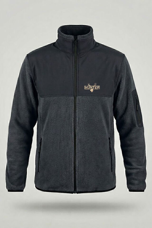 Avcılık Kamuflaf Desenli Hunter Yazı Baskılı Dik Yaka Garnili Softshell Polar Ceket Gri - 3XL
