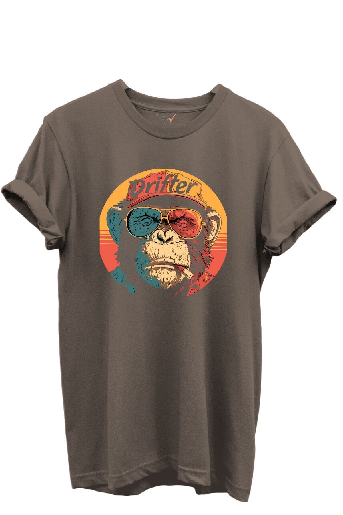Drifter Yazılı Renkli Gözlüklü Maymun Baskılı %100 Pamuk Siyah Regular Fit Unisex T-Shirt Kahverengi - L