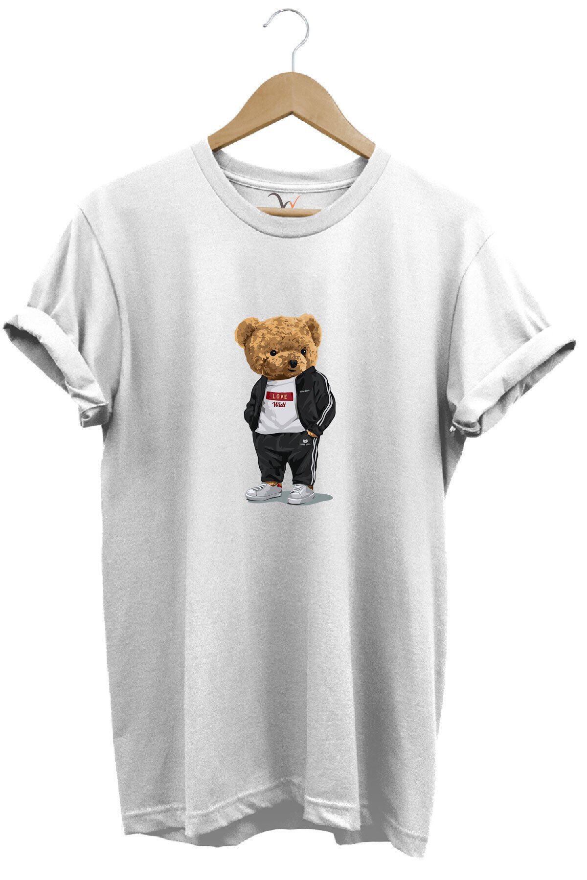 Sevimli Ayıcık Baskılı Love Tasarımlı %100 Pamuk Regular Fit Bisiklet Yaka Unisex T-shirt Beyaz - S