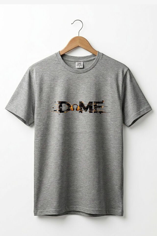 Unisex Müzik Temalı DOME Yazılı Kulaklık Figürlü Glitch Tasarım Sokak Stili %100 Pamuk Basic T-Shirt Gri Melanj - 3XL