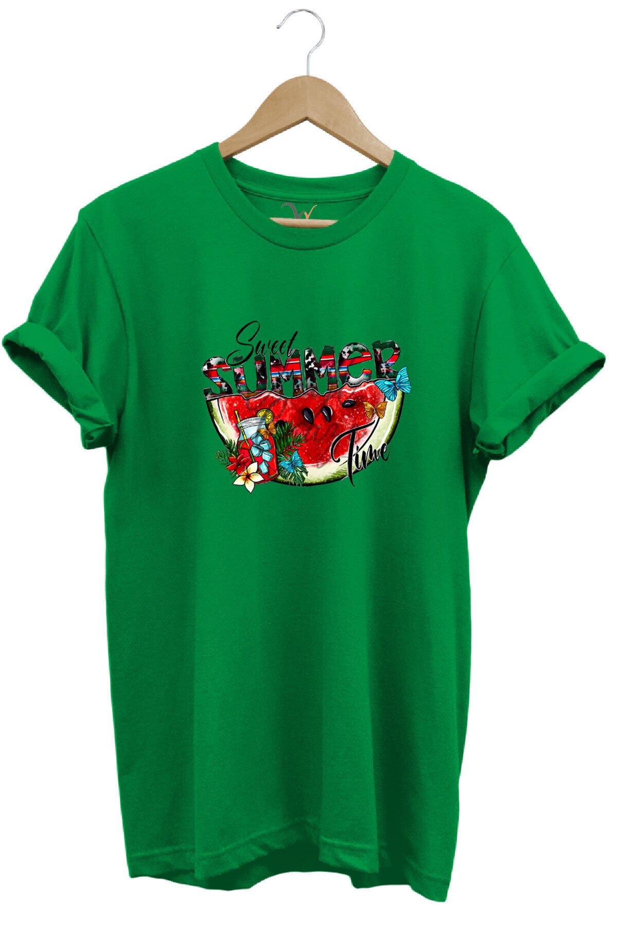 Summer Yazlık Karpuz Tasarım Baskılı %100 Pamuk Regular Fit Kahverengi T-shirt Yeşil - L