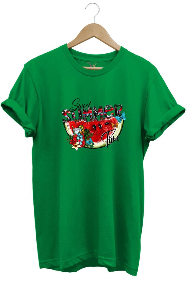 Summer Yazlık Karpuz Tasarım Baskılı %100 Pamuk Regular Fit Kahverengi T-shirt Yeşil - L