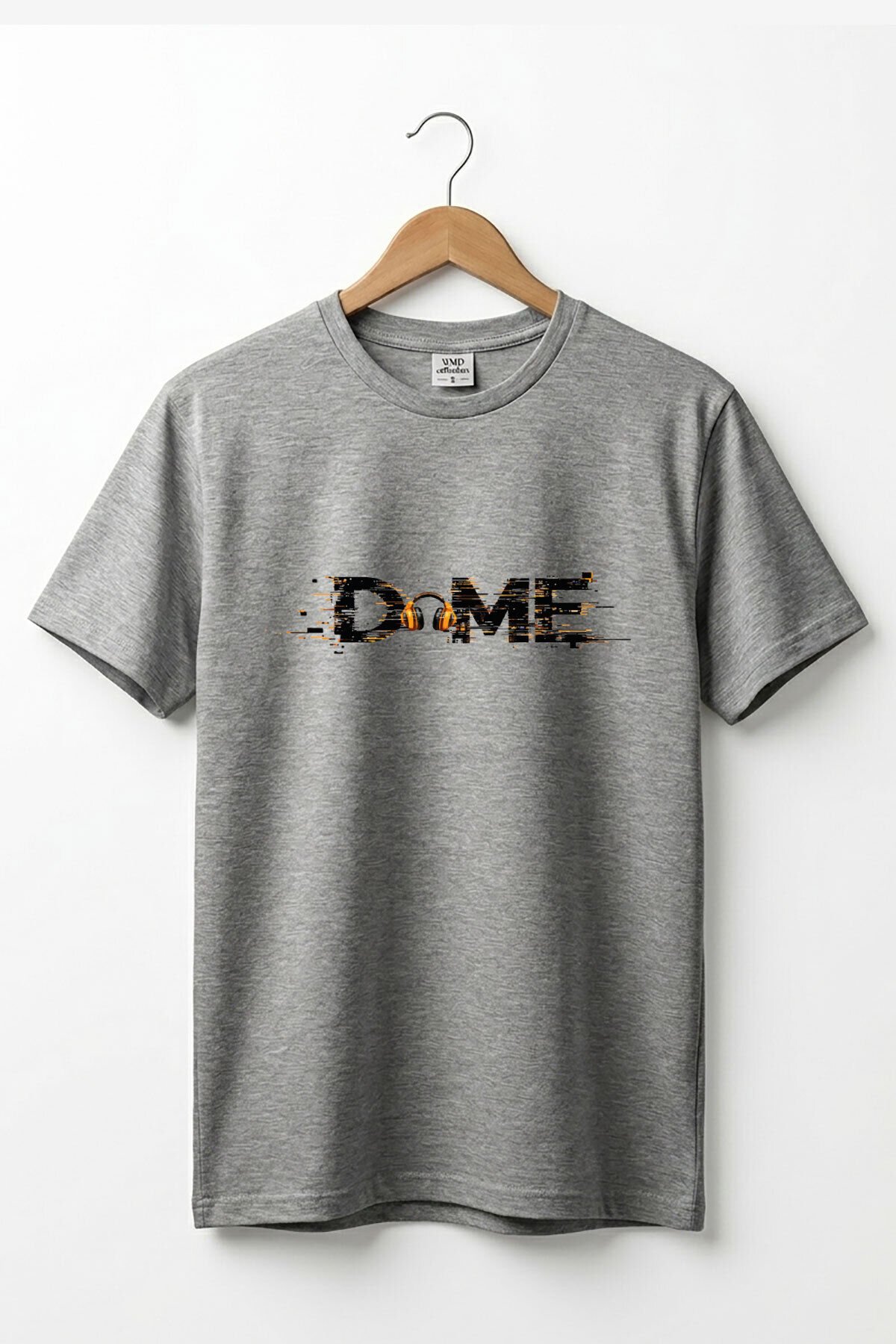 Unisex Müzik Temalı DOME Yazılı Kulaklık Figürlü Glitch Tasarım Sokak Stili %100 Pamuk Basic T-Shirt Gri Melanj - L