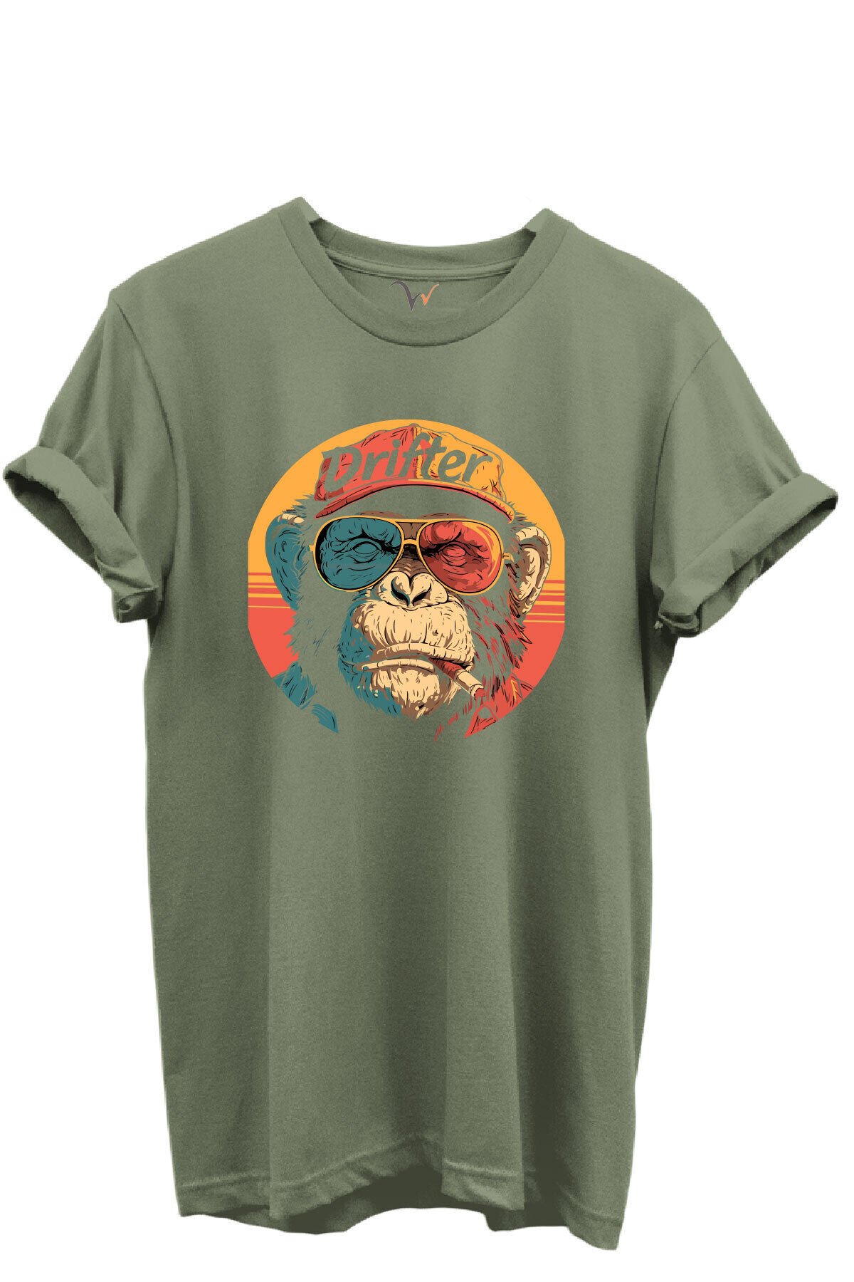 Drifter Yazılı Renkli Gözlüklü Maymun Baskılı %100 Pamuk Siyah Regular Fit Unisex T-Shirt Haki - L