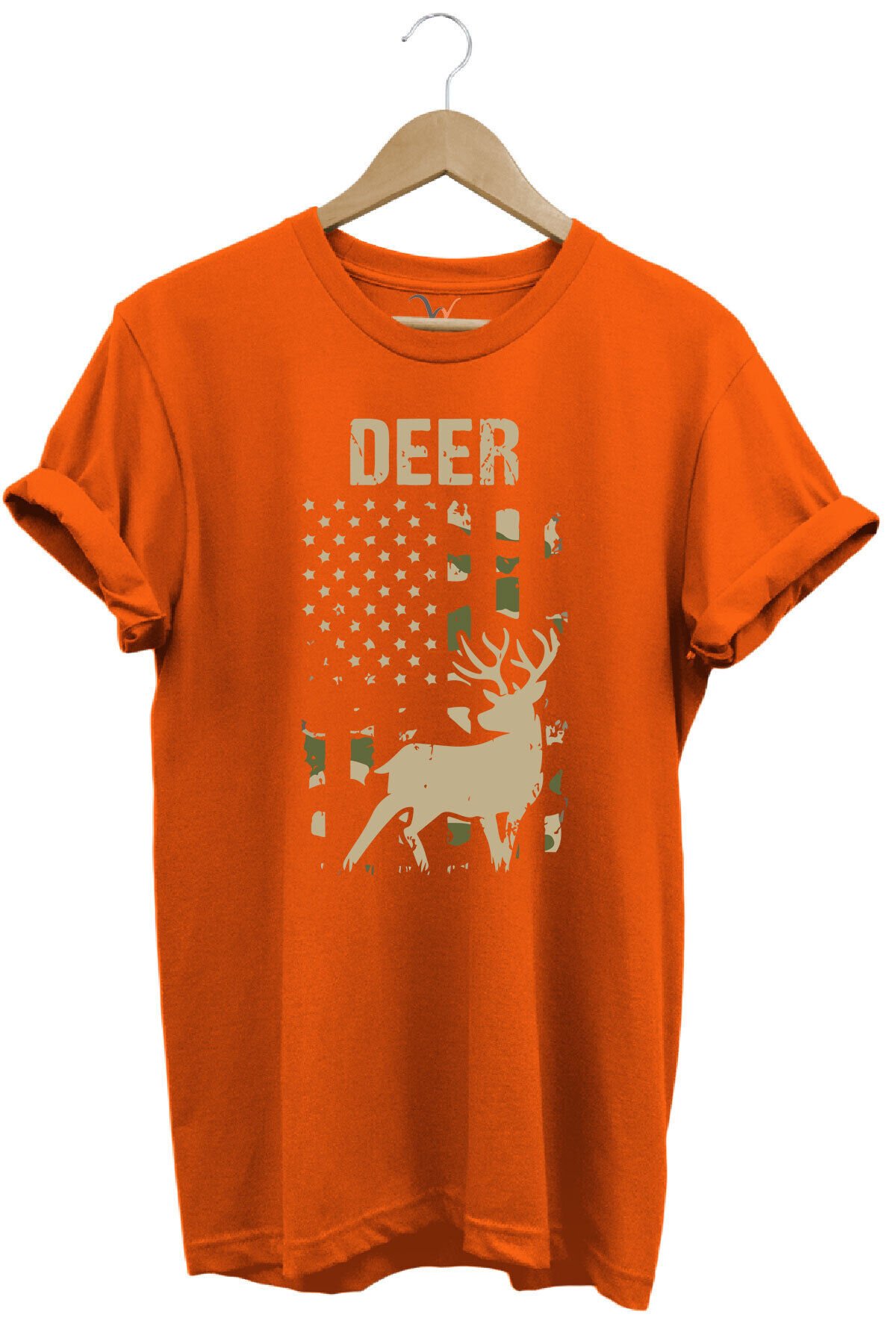 Avcılık Hunter Geyik Avcılığı Deer Hunt Baskılı Kamuflaj Desenli Regular Fit Haki T-shirt Turuncu - 2XL