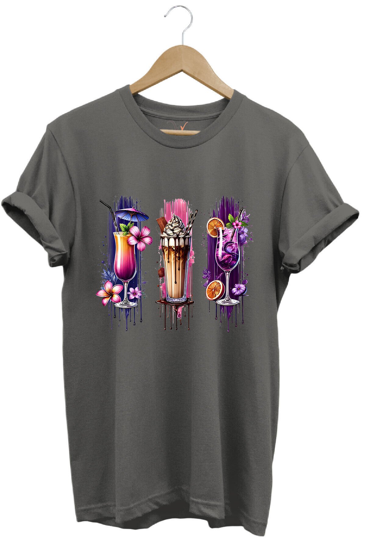 Milkshake ve Kokteyl Temalı Renkli Yaz Baskılı %100 Pamuk Unisex Regular Fit T-Shirt Gri - 2XL