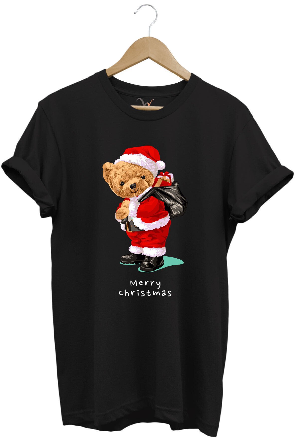 Yılbaşı Yeni Yıl Merry Christmas Sevimli Ayıcık Baskılı %100 Pamuk Regular Fit T-shirt Siyah - 5XL