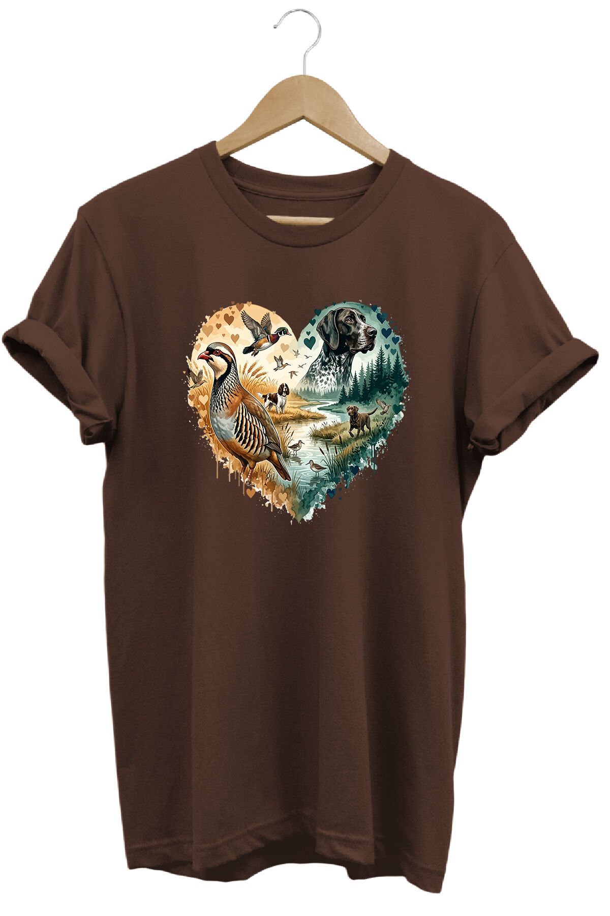 Unisex Çulluk ve Arazi Köpeği Baskılı Doğa Tişörtü Outdoor Kamp Giyimi Koyu Kahverengi - 2XL