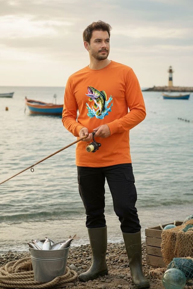 Fishing Balıkçılık Levrek Balığı Deniz Baskılı Turuncu Bisiklet Yaka Uzun Kollu T-Shirt Turuncu - M