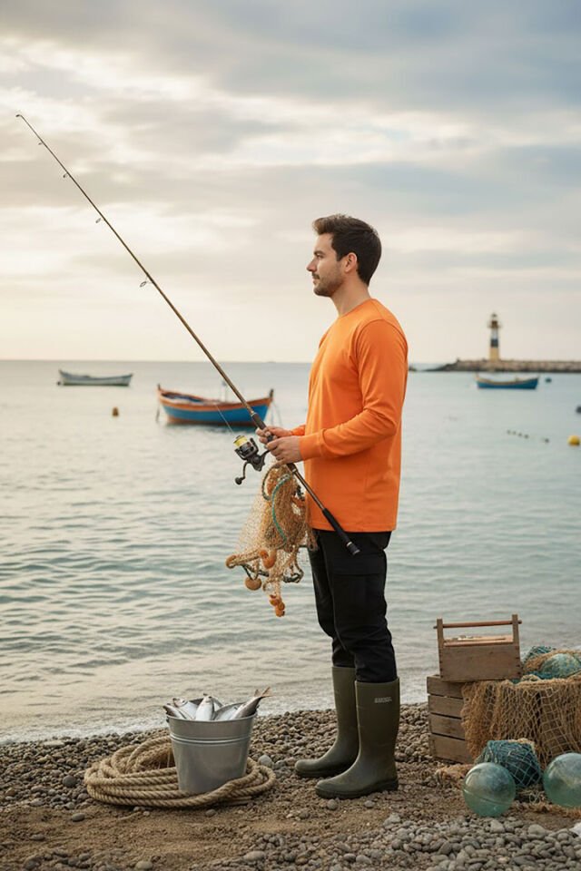 Fishing Balıkçılık Levrek Balığı Deniz Baskılı Turuncu Bisiklet Yaka Uzun Kollu T-Shirt Turuncu - M