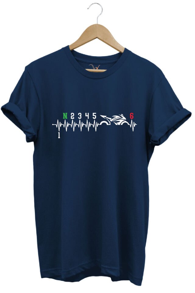Motorcu Motorsiklet Kalp Ritmi Baskılı 1n23456 Regular Fit %100 Pamuk Kırmızı T-shirt Lacivert - 3XL