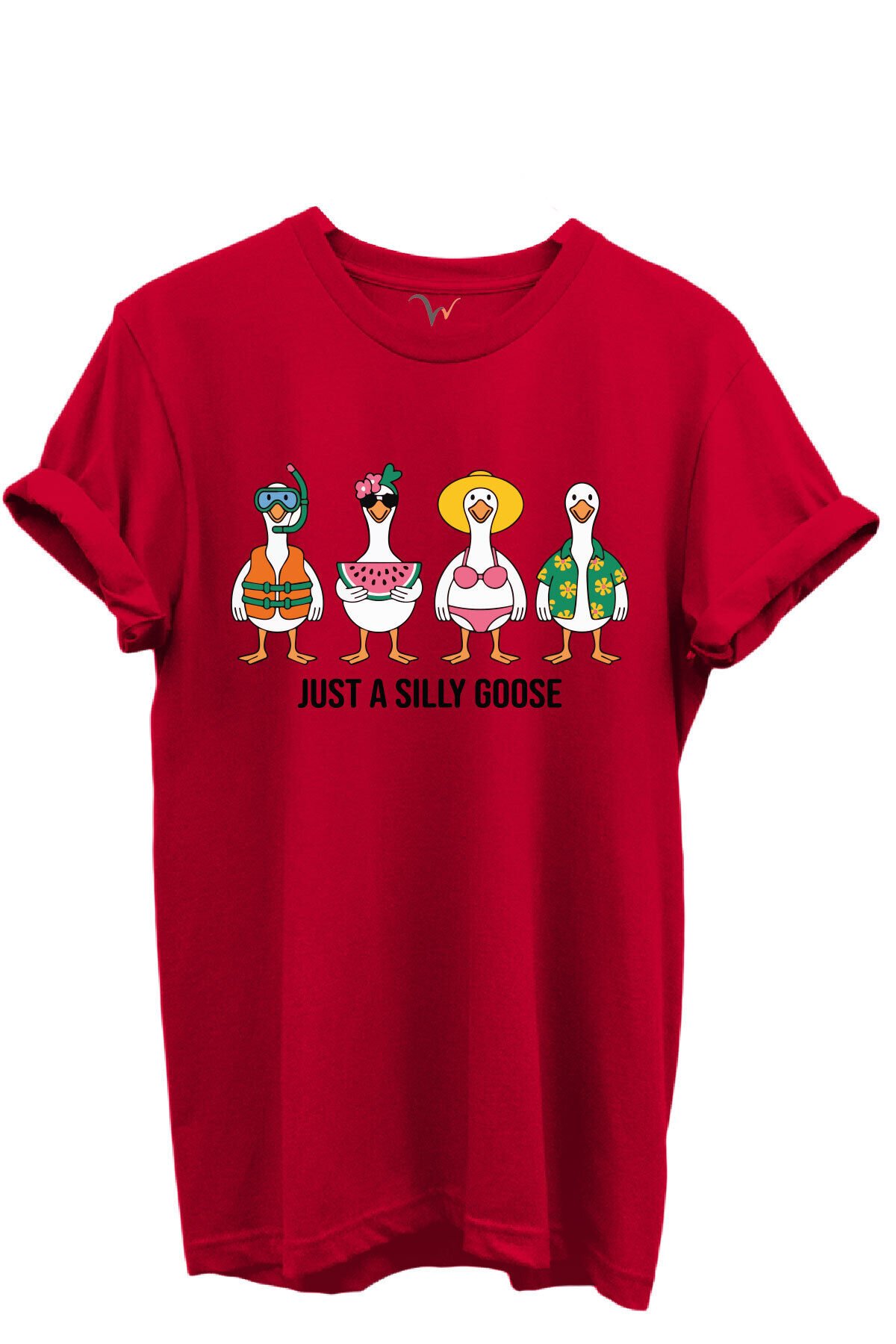 Just a Silly Goose Yazılı Eğlenceli Kaz Karakterleri Baskılı %100 Pamuk Regular Fit Unisex T-Shirt Kırmızı - L