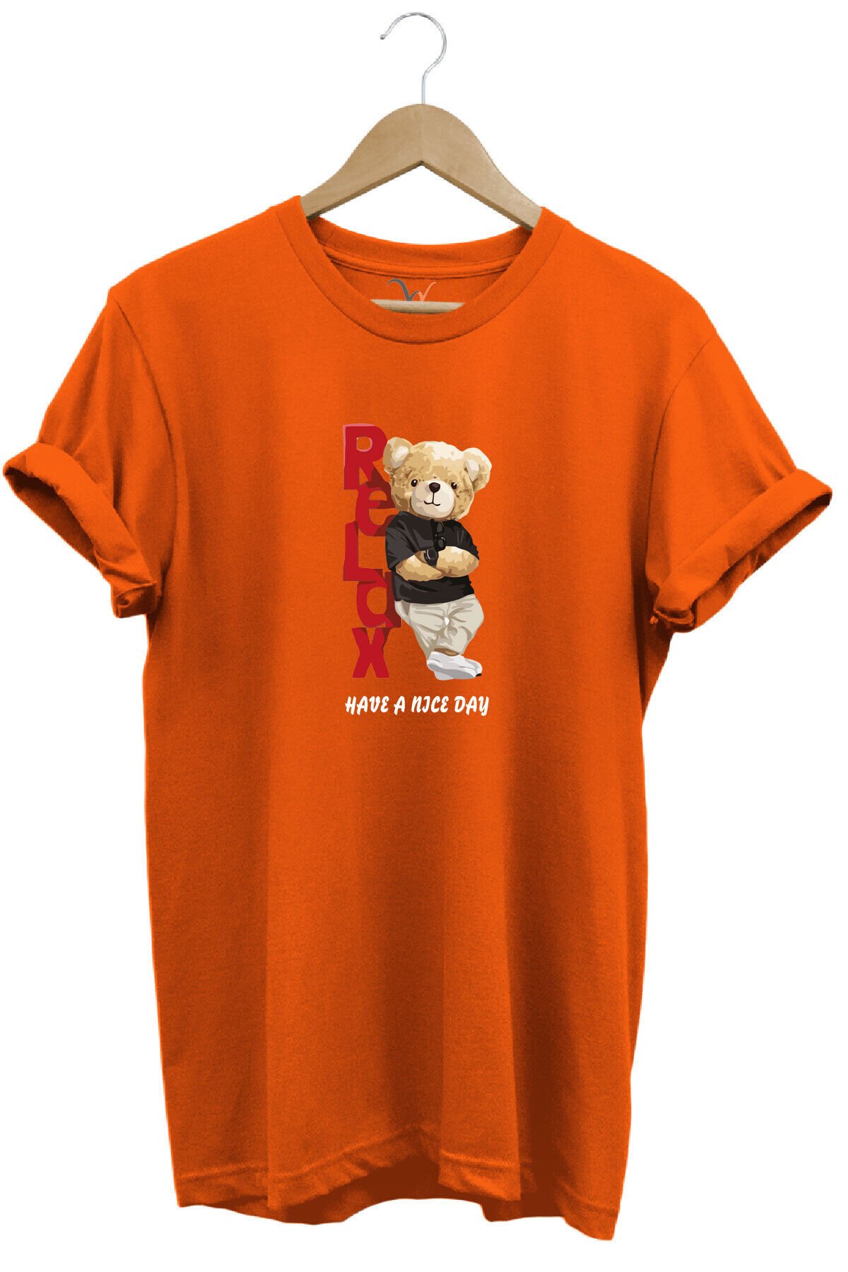 Sevimli Ayıcık Relax Ayı Tasarım Şık Baskılı %100 Pamuk Regular Fit Bisiklet Yaka Beyaz T-shirt Turuncu - 3XL