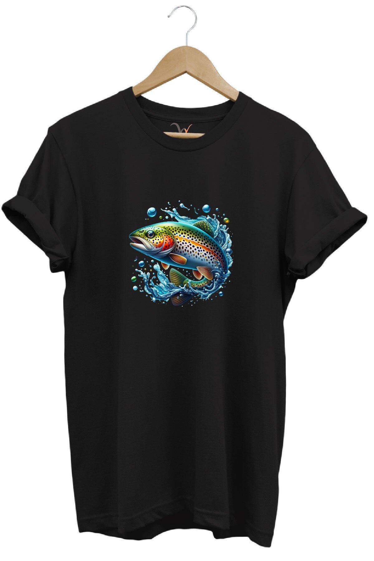 Fishing Avcılık Alabalık Balıkçılığı Baskılı %100 Pamuk Regular Fit Bisiklet Yaka Mavi T-shirt Siyah - S