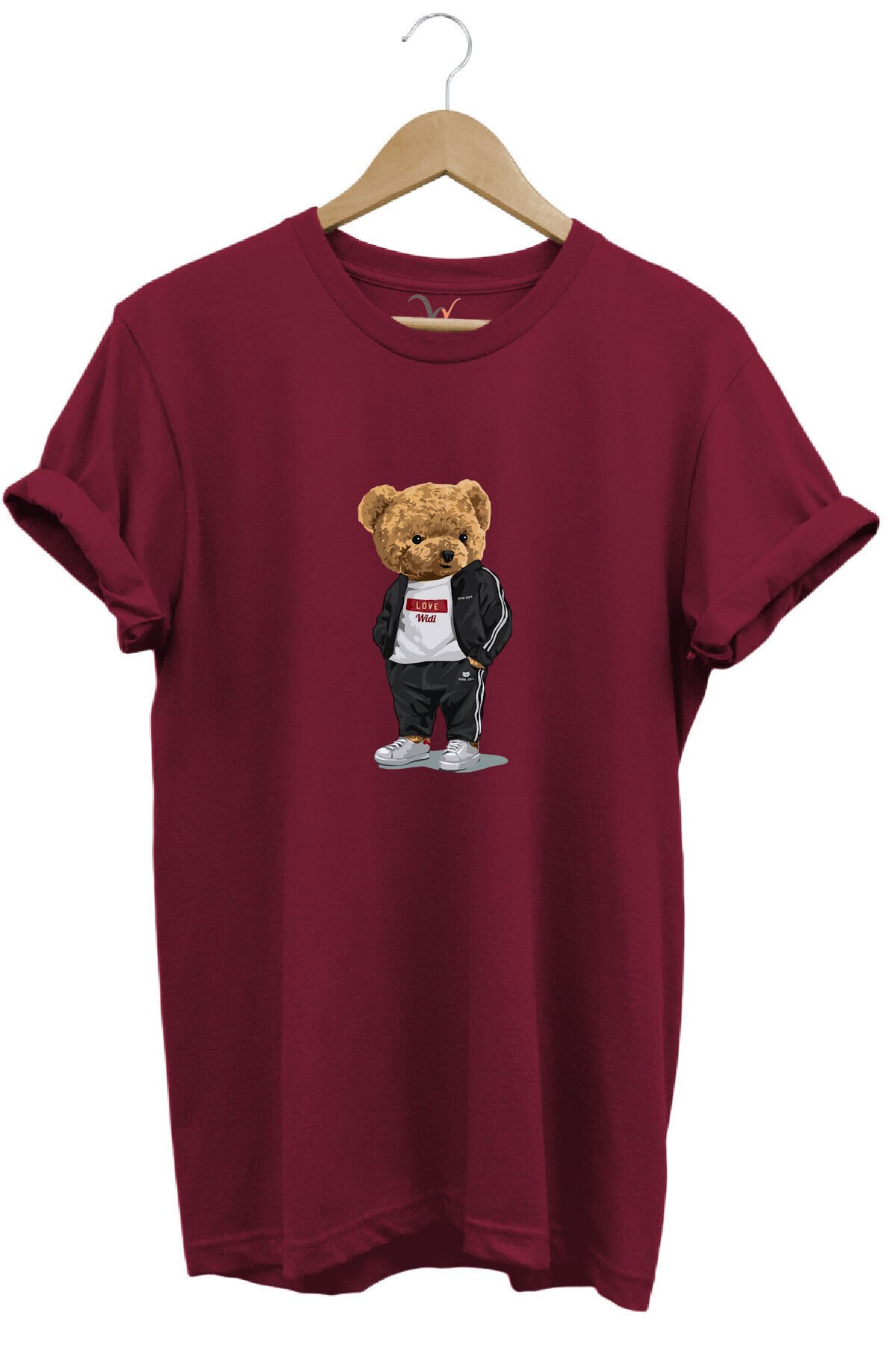 Sevimli Ayıcık Baskılı Love Tasarımlı %100 Pamuk Regular Fit Bisiklet Yaka Unisex T-shirt Bordo - 3XL