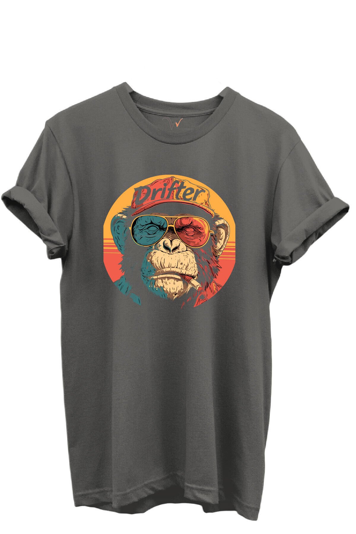 Drifter Yazılı Renkli Gözlüklü Maymun Baskılı %100 Pamuk Siyah Regular Fit Unisex T-Shirt Gri - XL