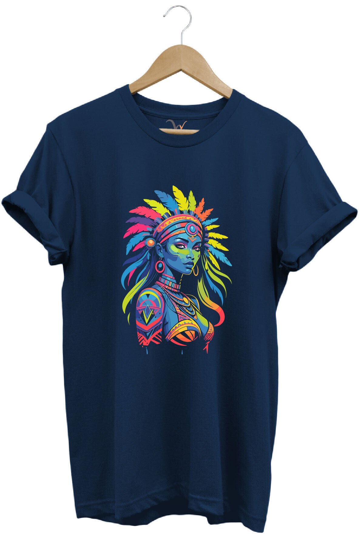 Renkli Kızılderili Baskılı %100 Pamuk Regular Fit Bisiklet Yaka Turuncu T-shirt Lacivert - S