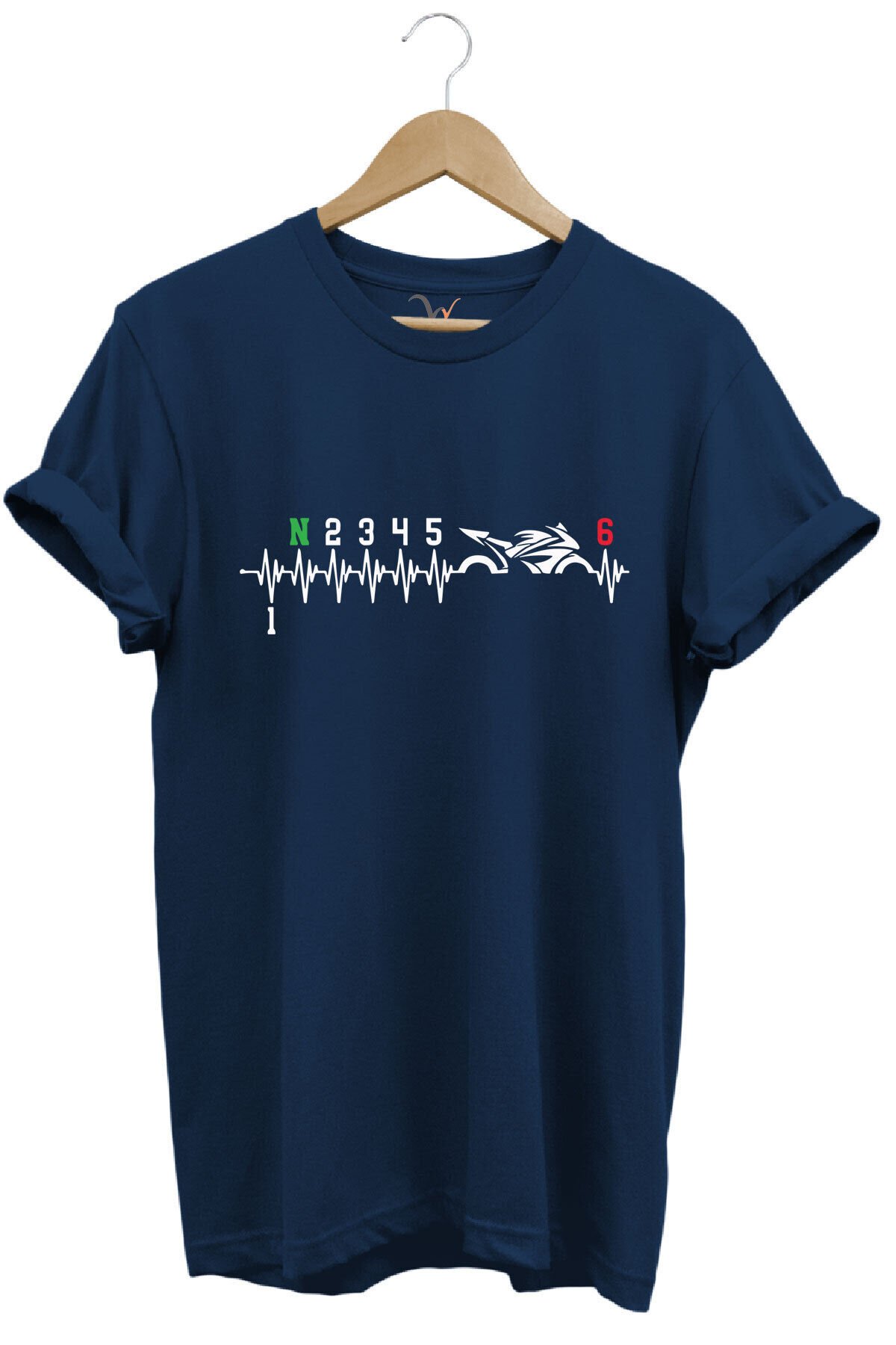 Motorcu Motorsiklet Kalp Ritmi Baskılı 1n23456 Regular Fit %100 Pamuk Kırmızı T-shirt Lacivert - XL