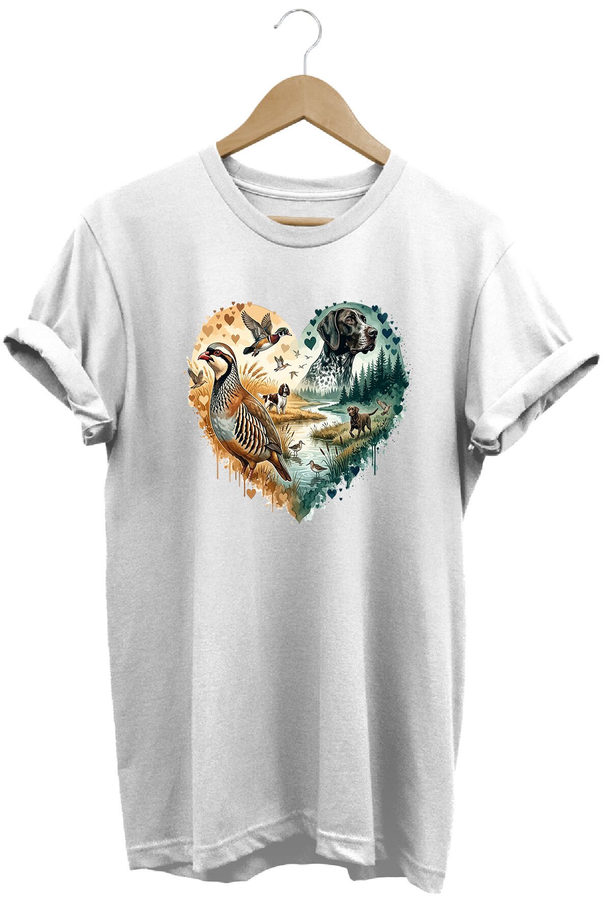 Unisex Çulluk ve Arazi Köpeği Baskılı Doğa Tişörtü Outdoor Kamp Giyimi Beyaz - L
