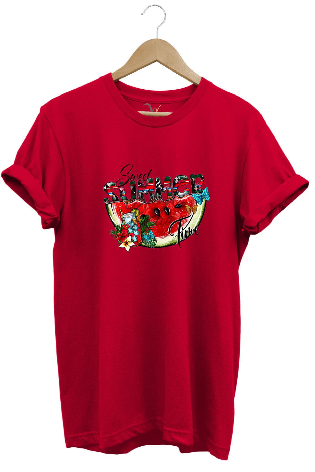 Summer Yazlık Karpuz Tasarım Baskılı %100 Pamuk Regular Fit Kahverengi T-shirt Kırmızı - L