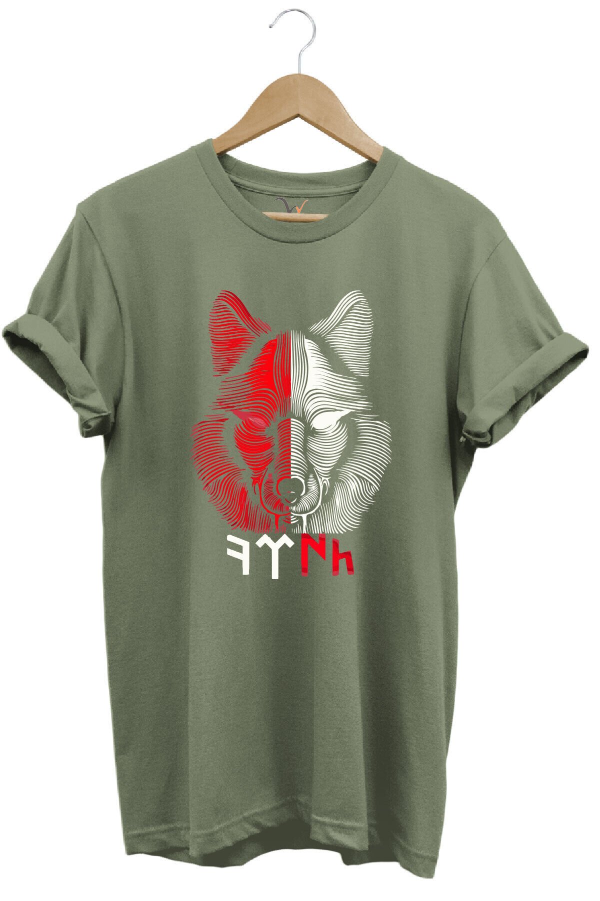 TÜRKİYE Bozkurt Göktürkçe TÜRK Yazısı ve Kurt Baskılı Kırmızı Beyaz %100 Pamuk Regular Fit T-shirt Haki - 3XL