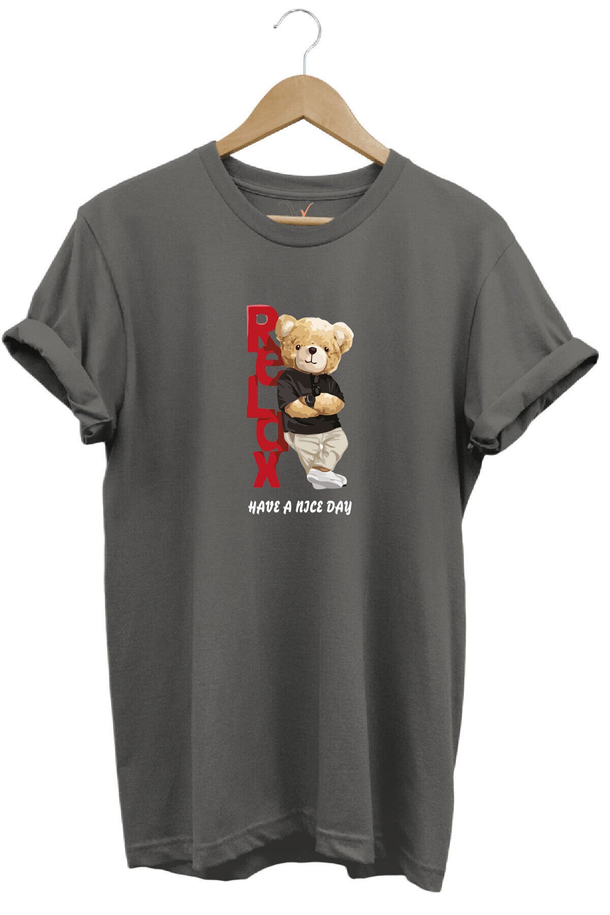 Sevimli Ayıcık Relax Ayı Tasarım Şık Baskılı %100 Pamuk Regular Fit Bisiklet Yaka Beyaz T-shirt Gri - S